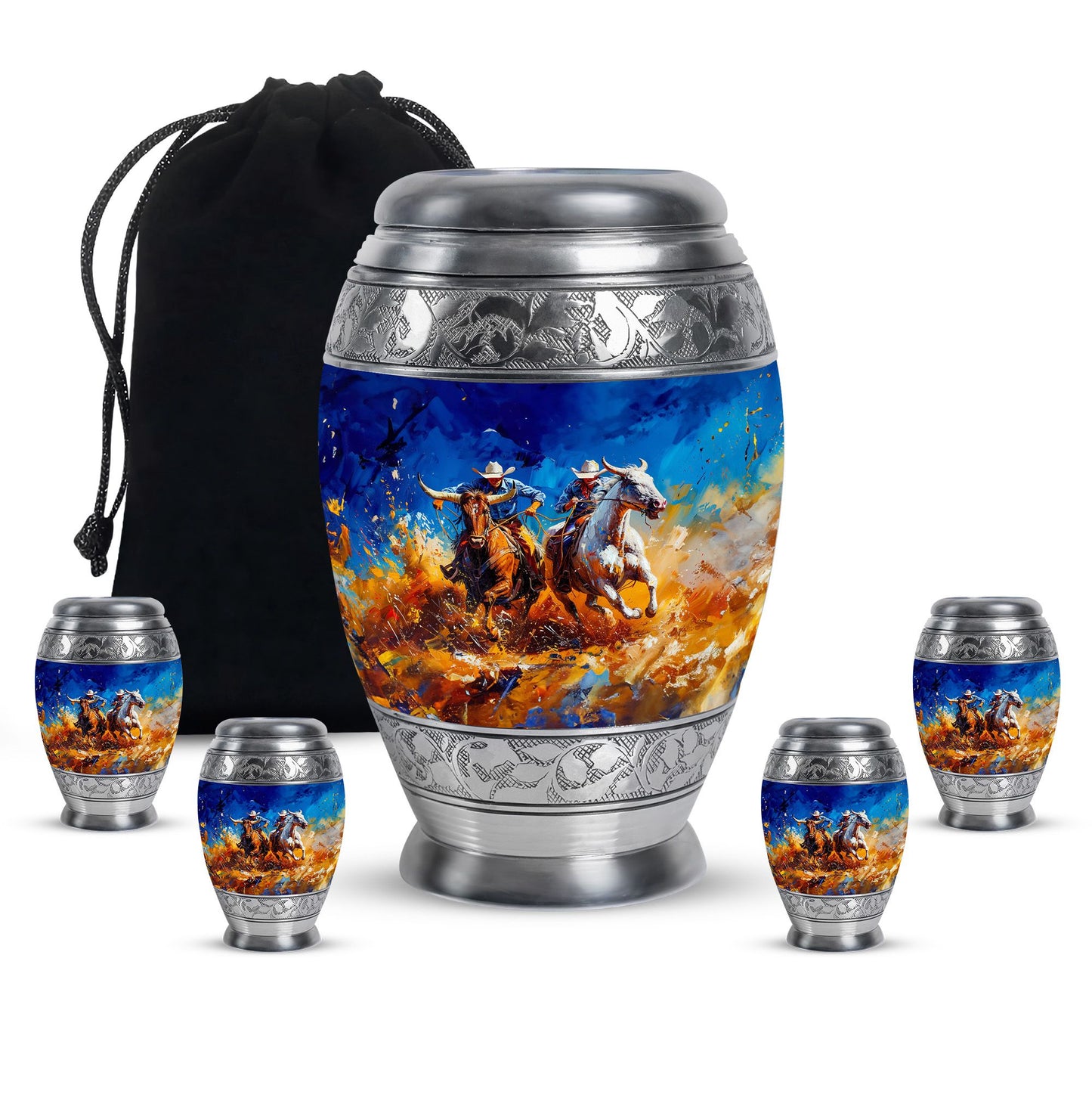 Cowboy Theme Large Urn With 4 Keepsake Urn