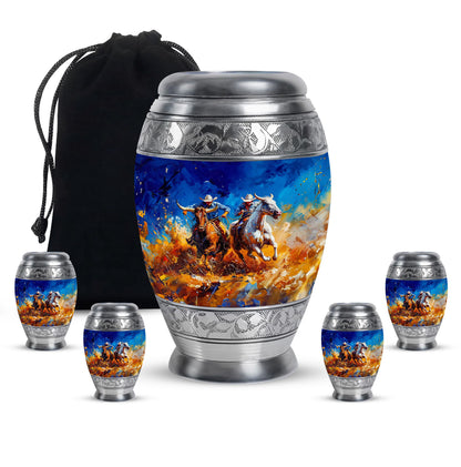 Cowboy Theme Large Urn With 4 Keepsake Urn
