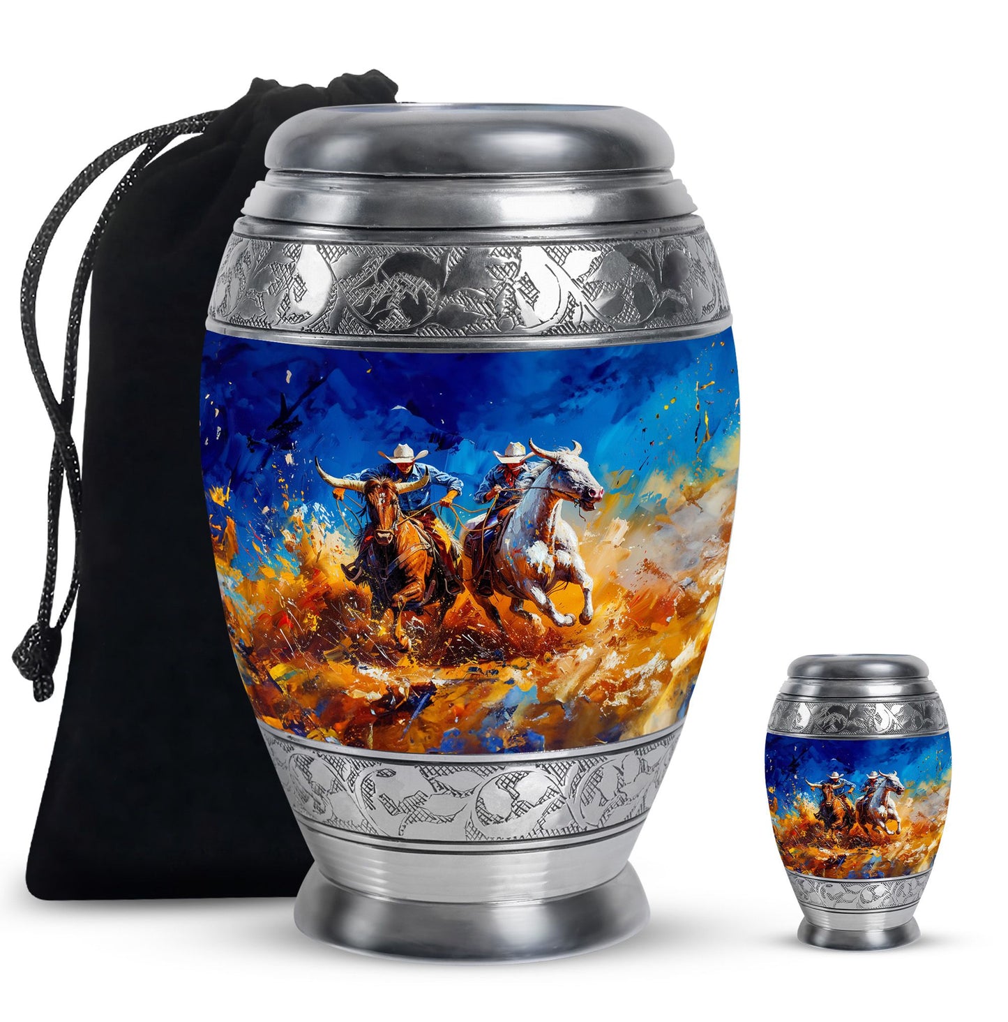 Cowboy Theme Large Urn With 1 Keepsake Urn