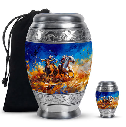 Cowboy Theme Large Urn With 1 Keepsake Urn