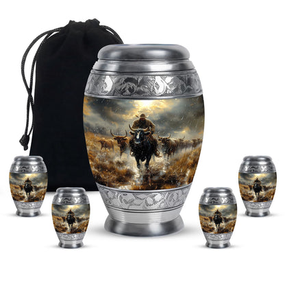 Cowboy Theme Large Urn With 4 Keepsake Urn