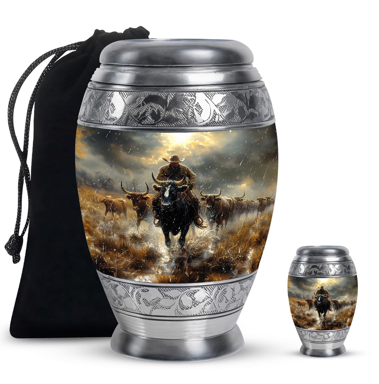Cowboy Theme Large Urn With 1 Keepsake Urn