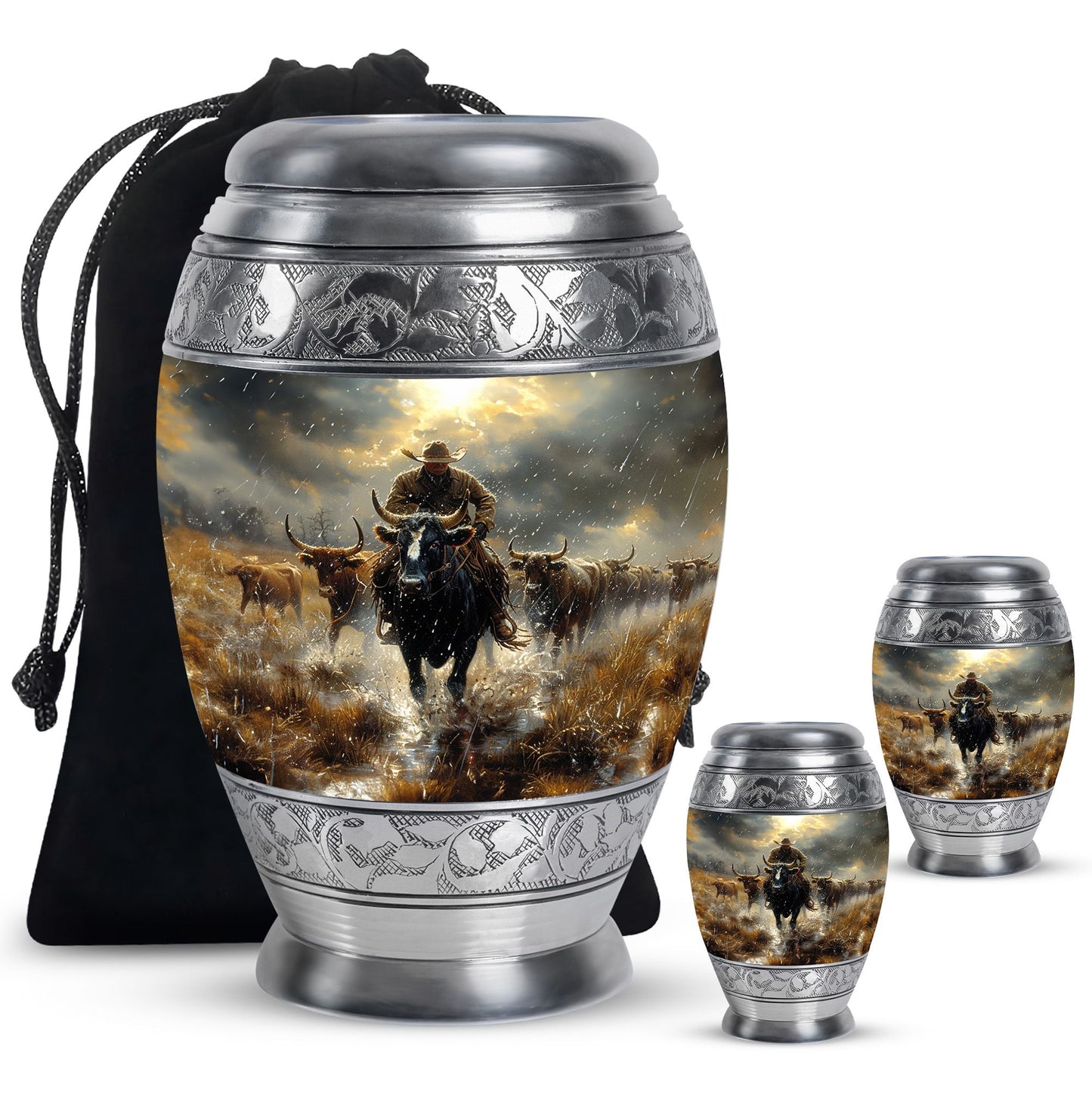 Cowboy Theme Large Urn With 2 Keepsake Urn
