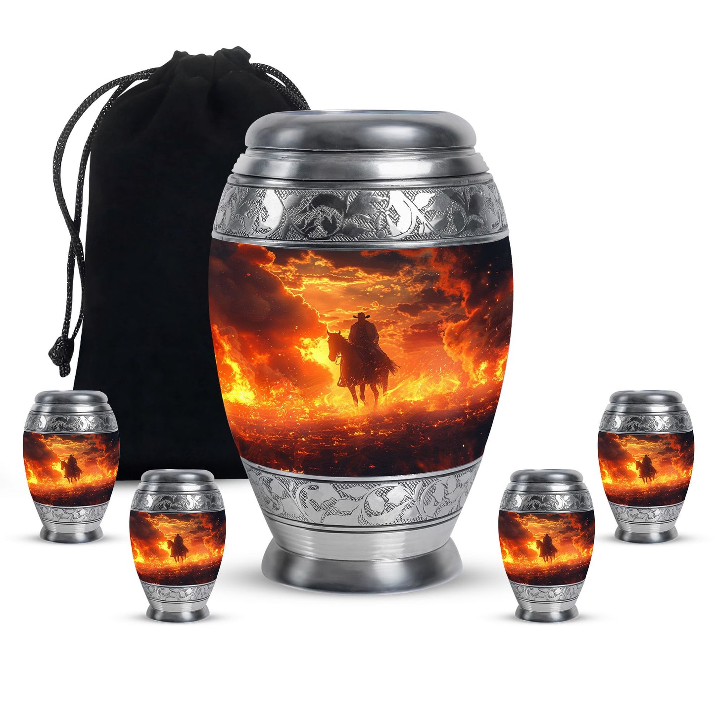 Cowboy Theme Large Urn With 4 Keepsake Urn