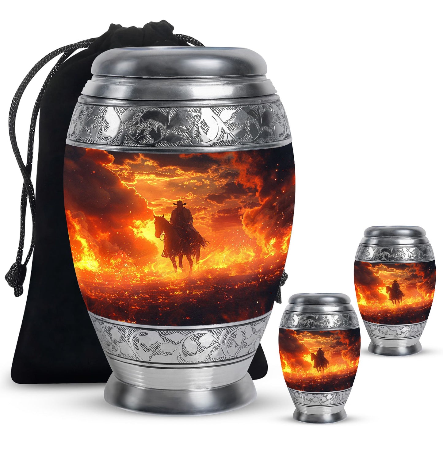 Cowboy Theme Large Urn With 2 Keepsake Urn