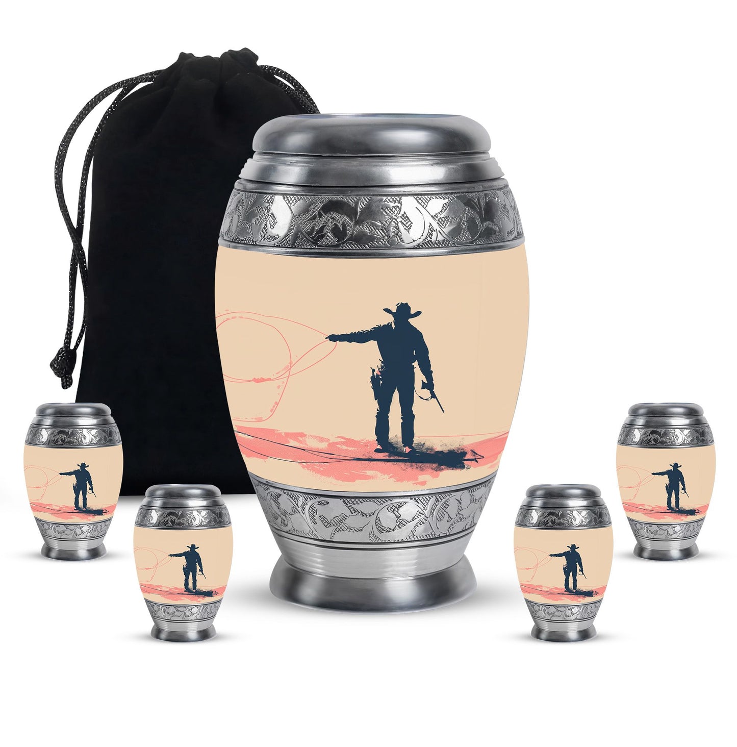 Cowboy Theme Large Urn With 4 Keepsake Urn