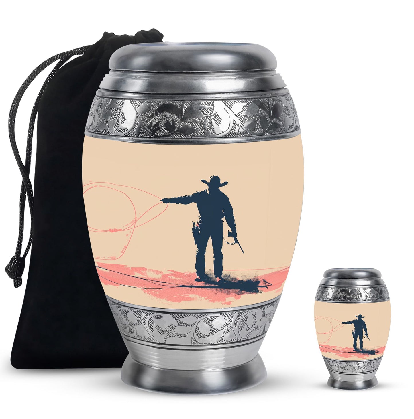 Cowboy Theme Large Urn With 1 Keepsake Urn