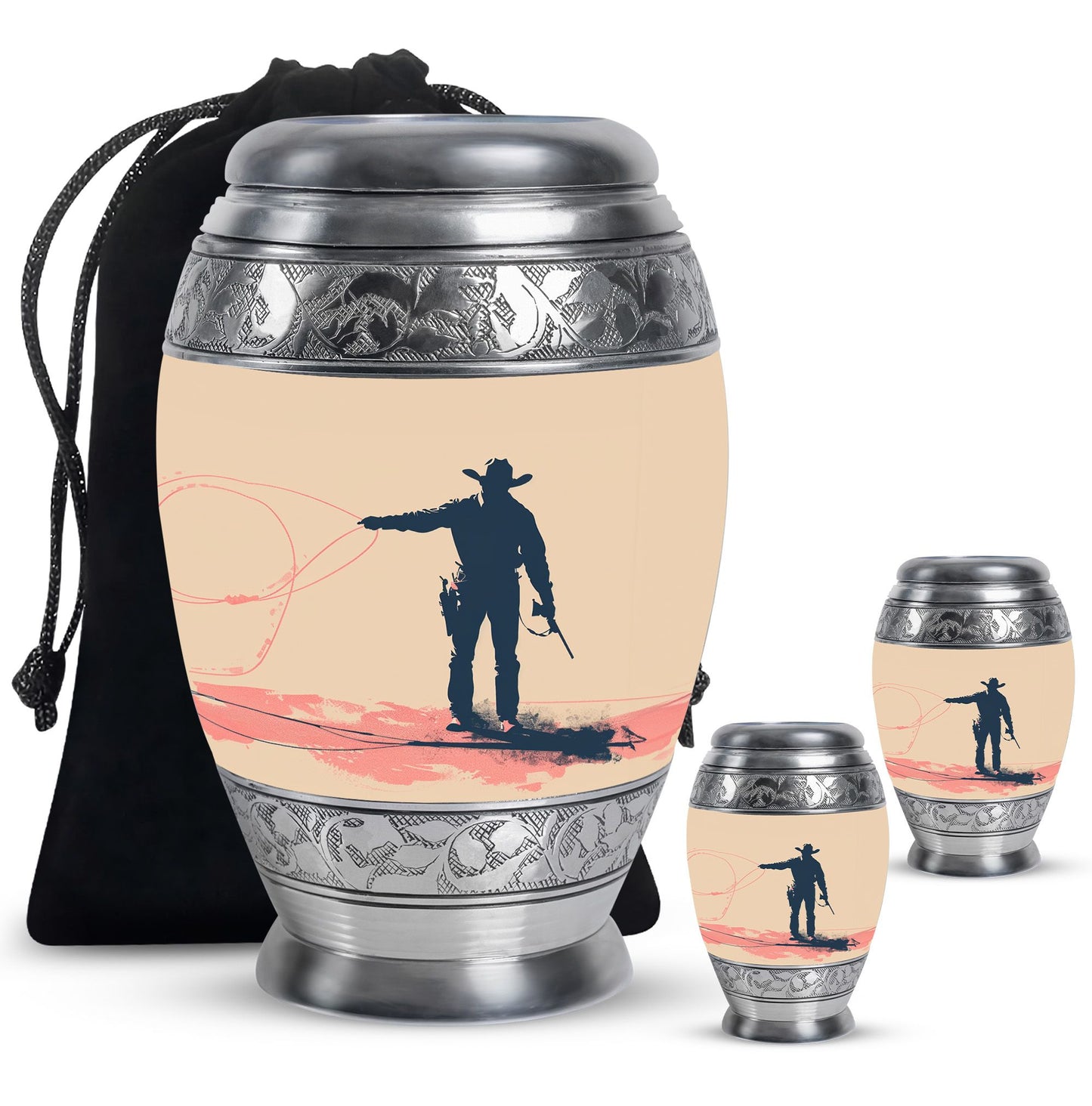 Cowboy Theme Large Urn With 2 Keepsake Urn