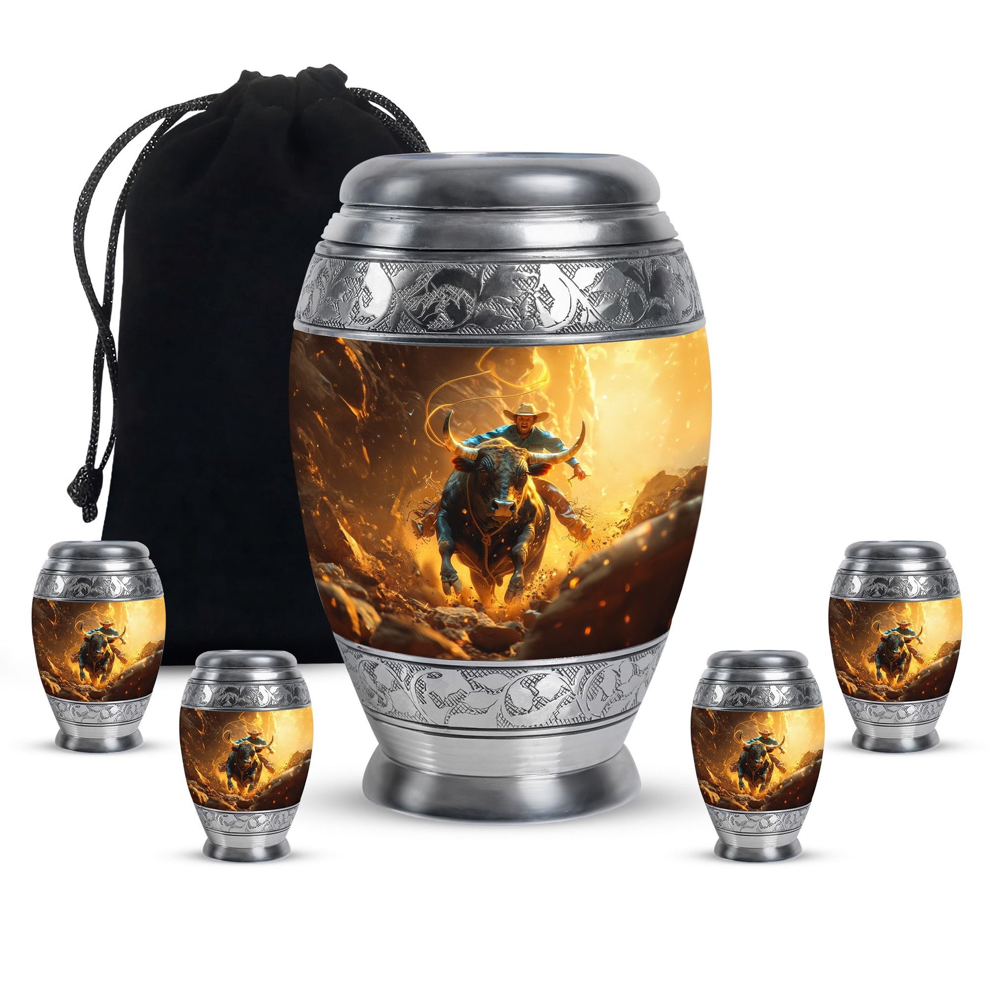 Cowboy Theme Large Urn With 4 Keepsake Urn