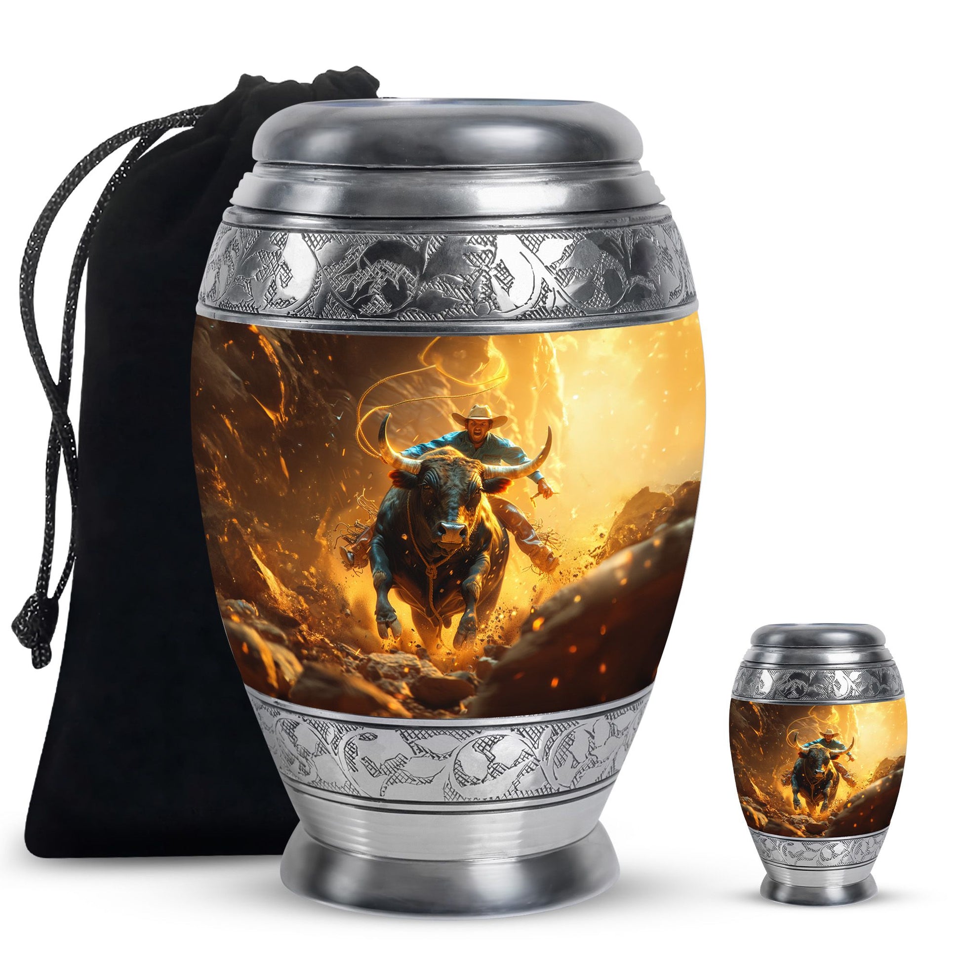 Cowboy Theme Large Urn With 1 Keepsake Urn