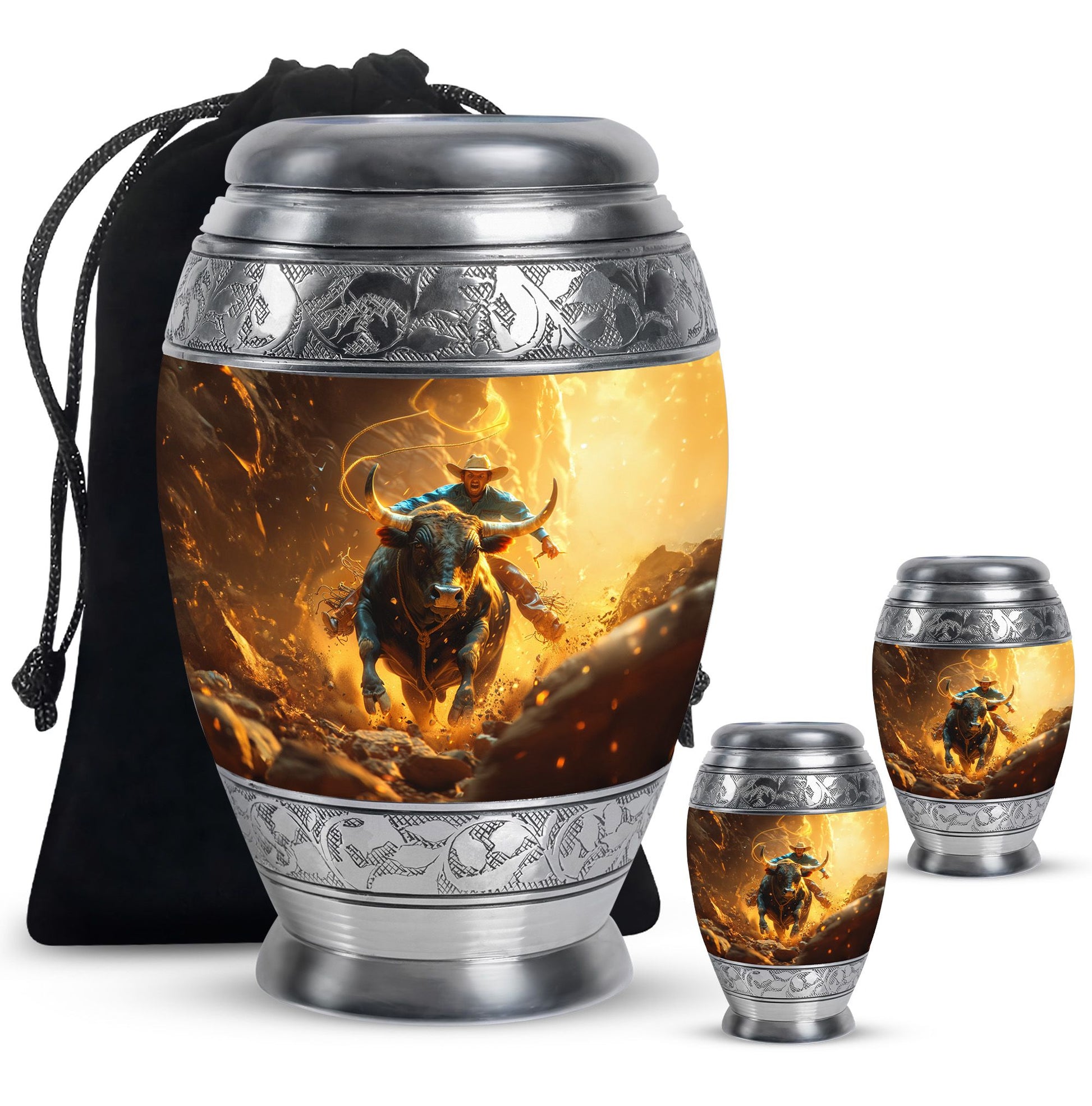 Cowboy Theme Large Urn With 2 Keepsake Urn
