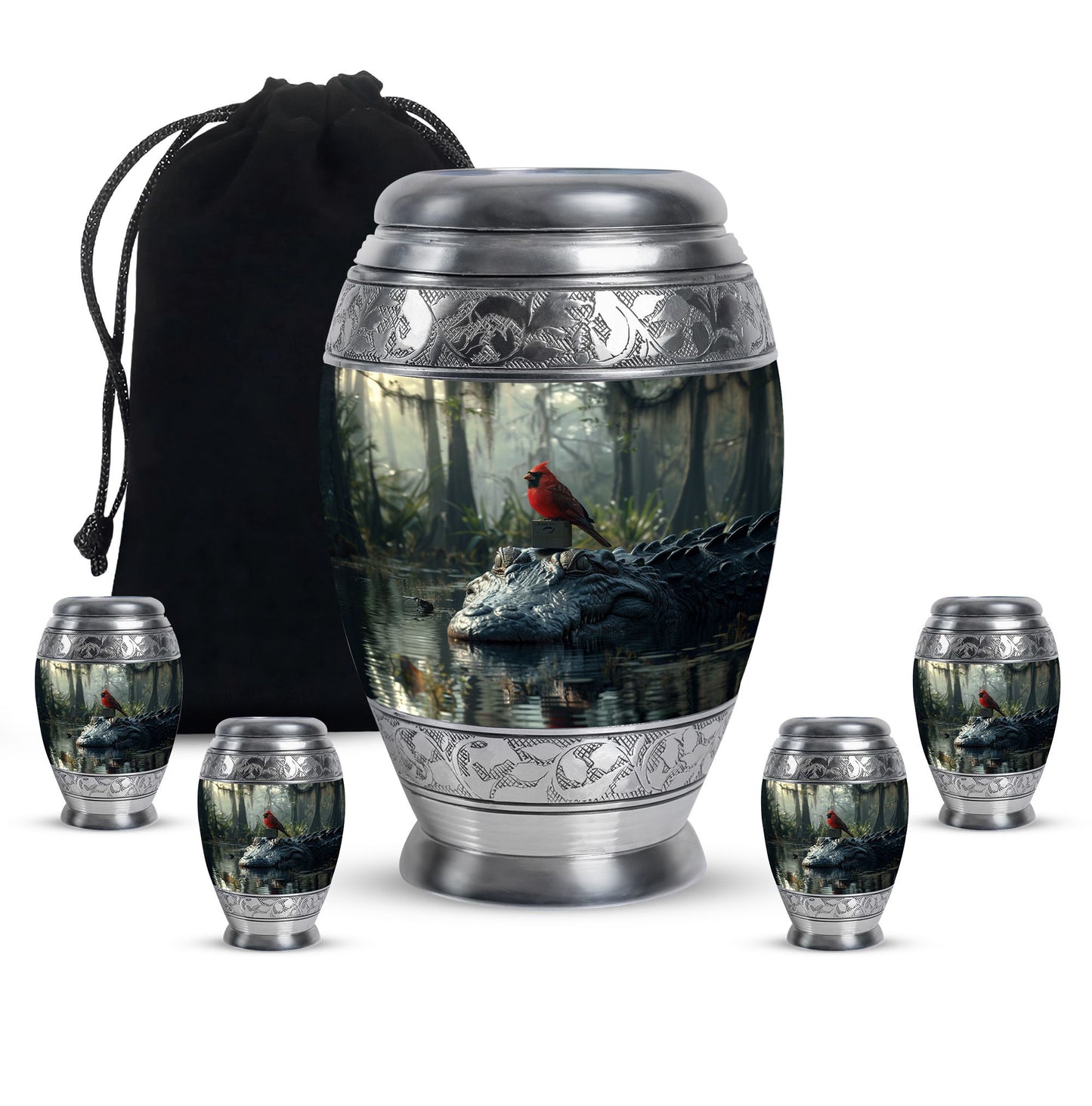 Cardinal Bird Theme Large Urn With 4 Keepsake Urn