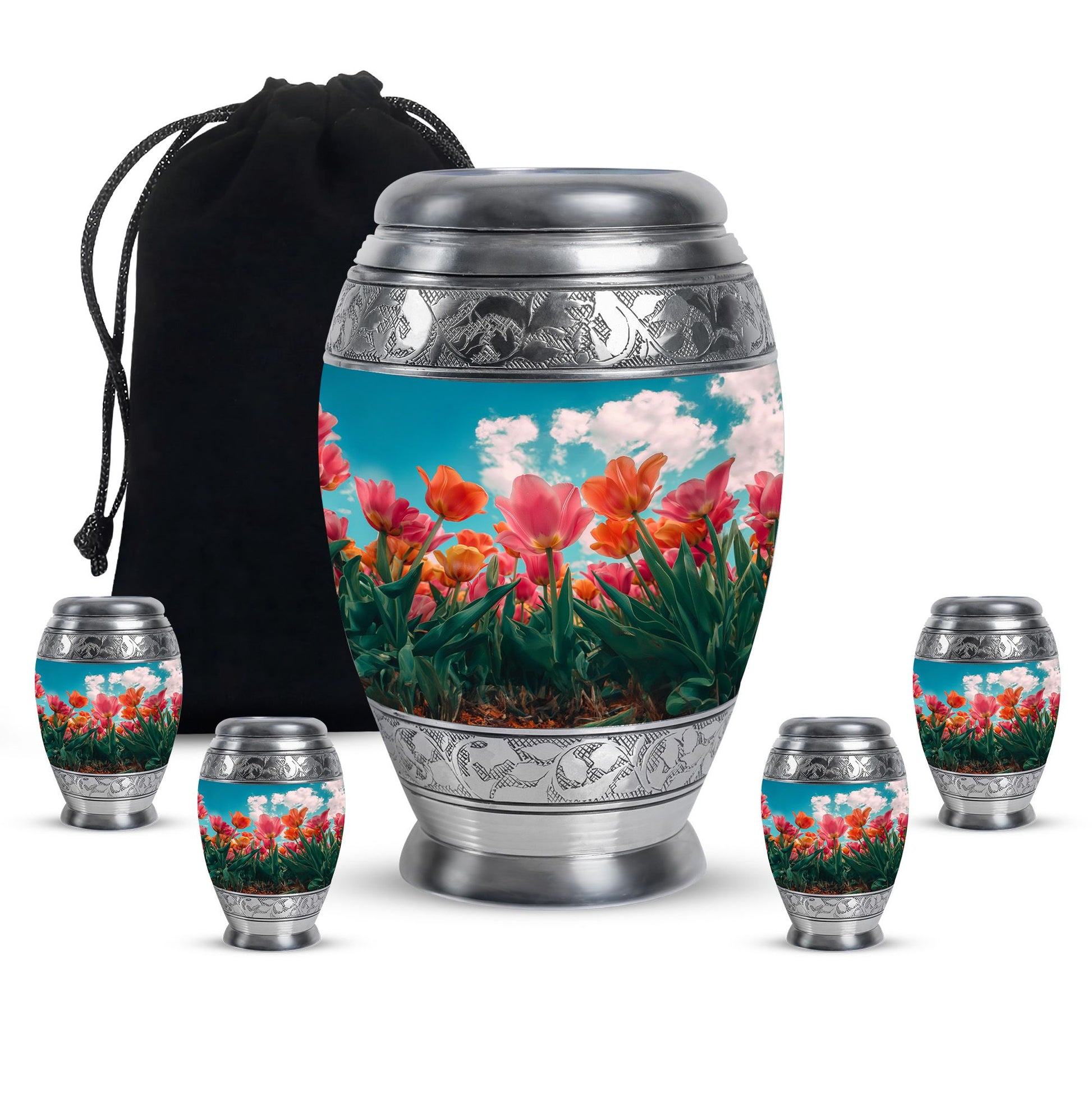 Tulip Theme Large Urn With 4 Keepsake Urn