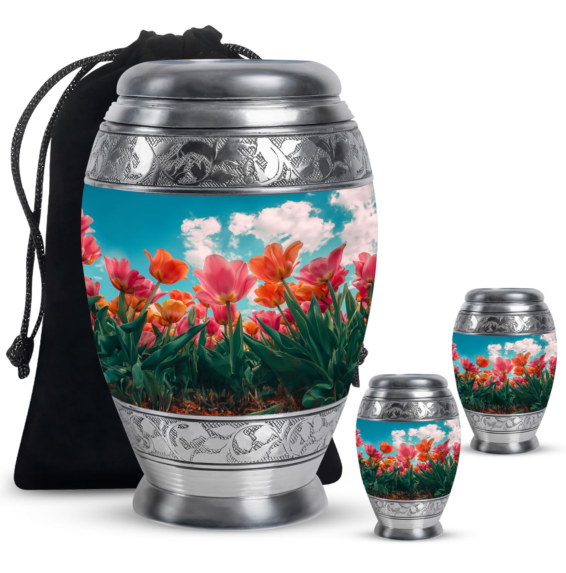Tulip Theme Large Urn With 2 Keepsake Urn