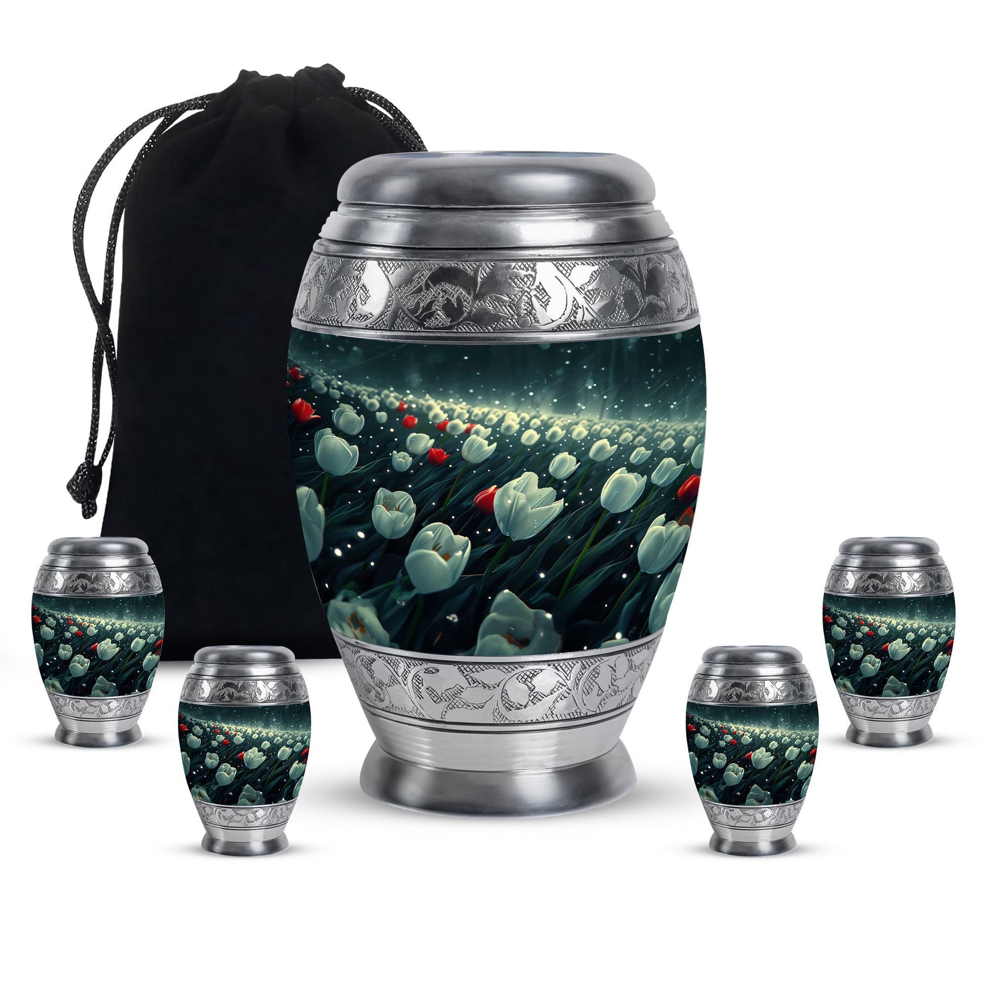 Tulip Theme Large Urn With 4 Keepsake Urn