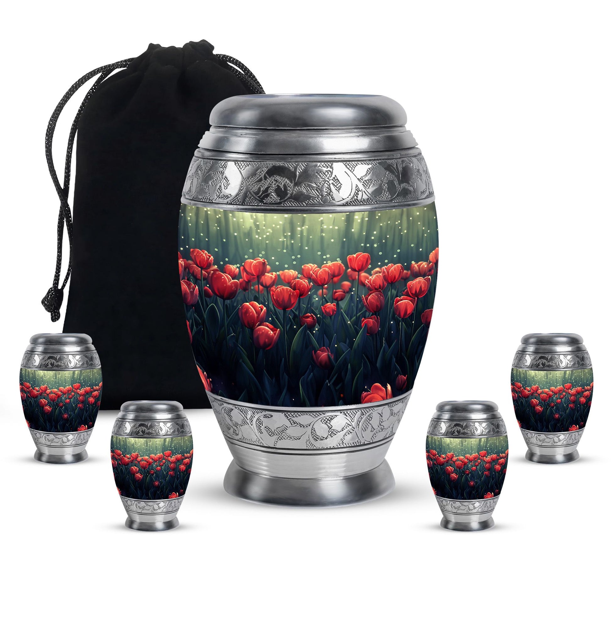 Tulip Theme Large Urn With 4 Keepsake Urn