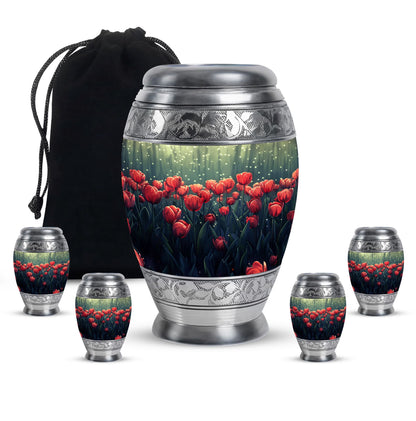 Tulip Theme Large Urn With 4 Keepsake Urn