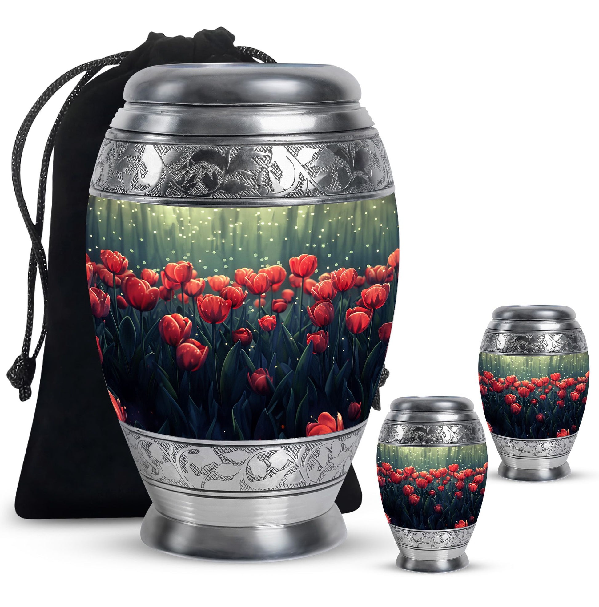 Tulip Theme Large Urn With 2 Keepsake Urn