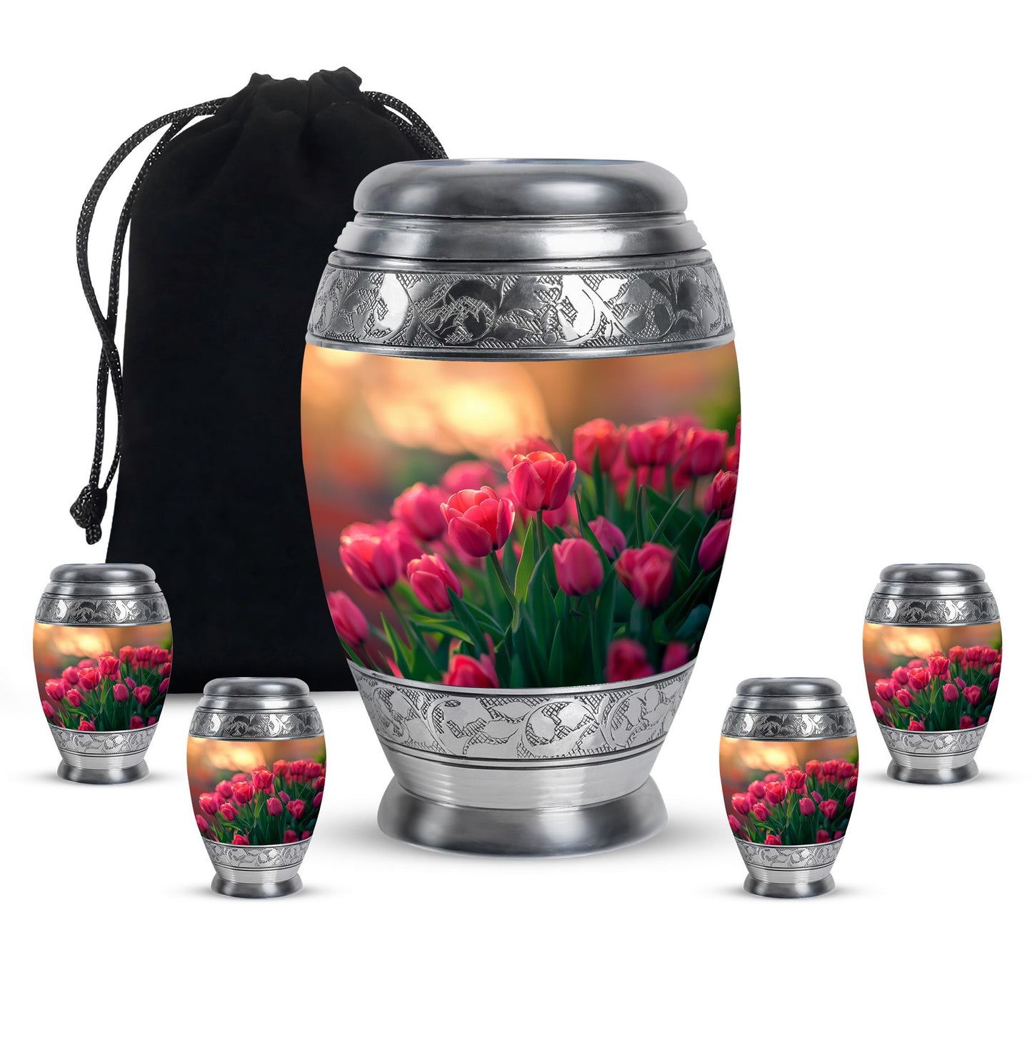Tulip Theme Large Urn With 4 Keepsake Urn