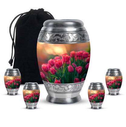 Tulip Theme Large Urn With 4 Keepsake Urn