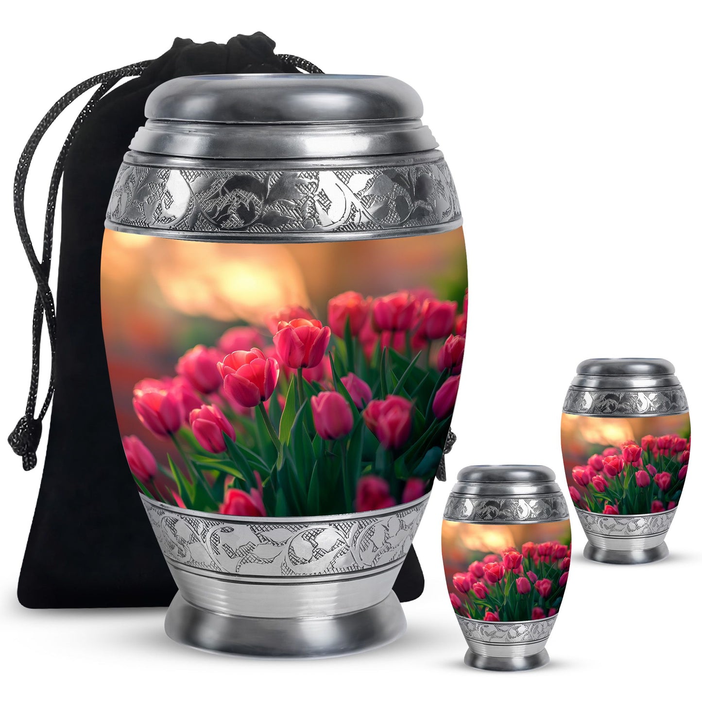 Tulip Theme Large Urn With 2 Keepsake Urn
