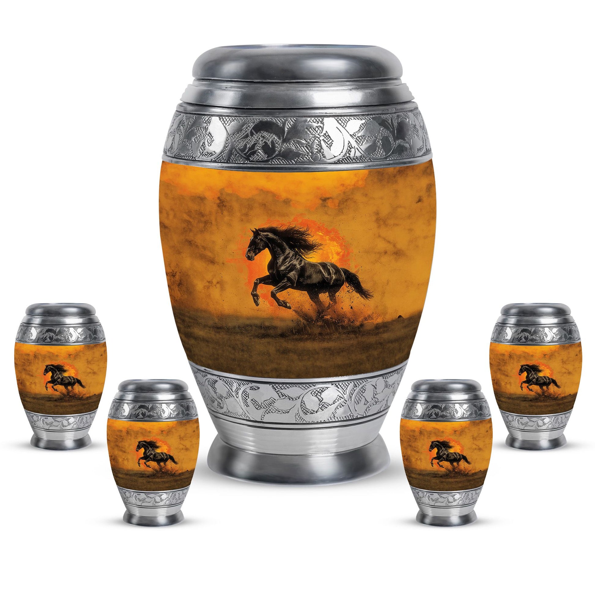 Horse Theme Large Urn With 4 Keepsake Urn