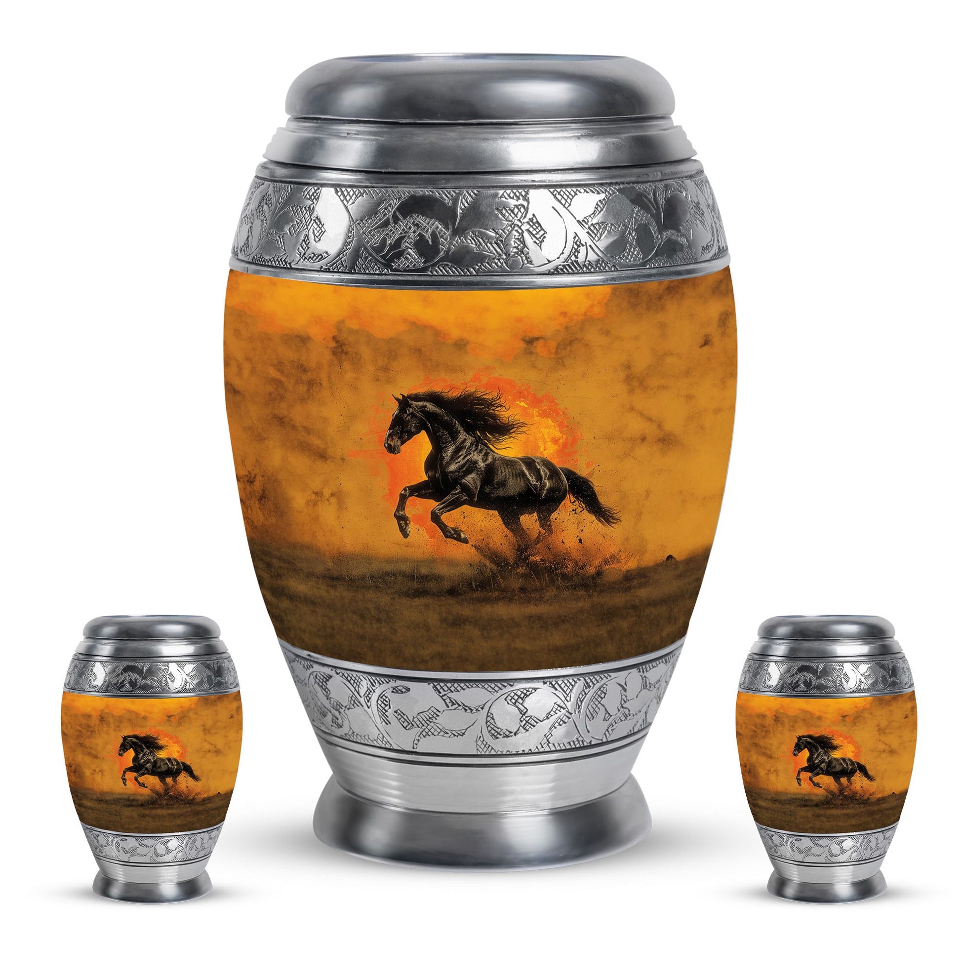 Horse Theme Large Urn With 2 Keepsake Urn