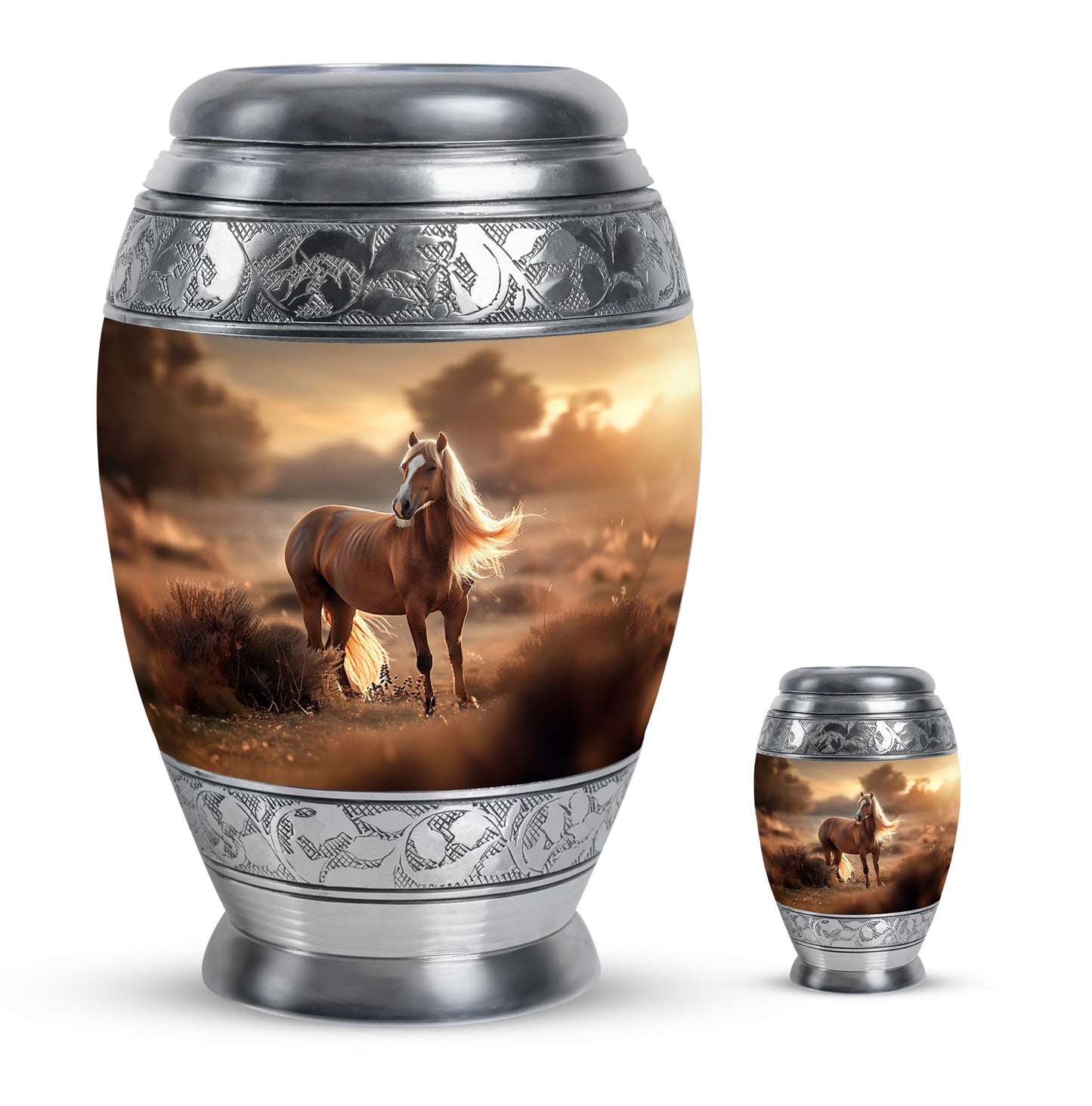 Horse Theme Large Urn With 1 Keepsake Urn