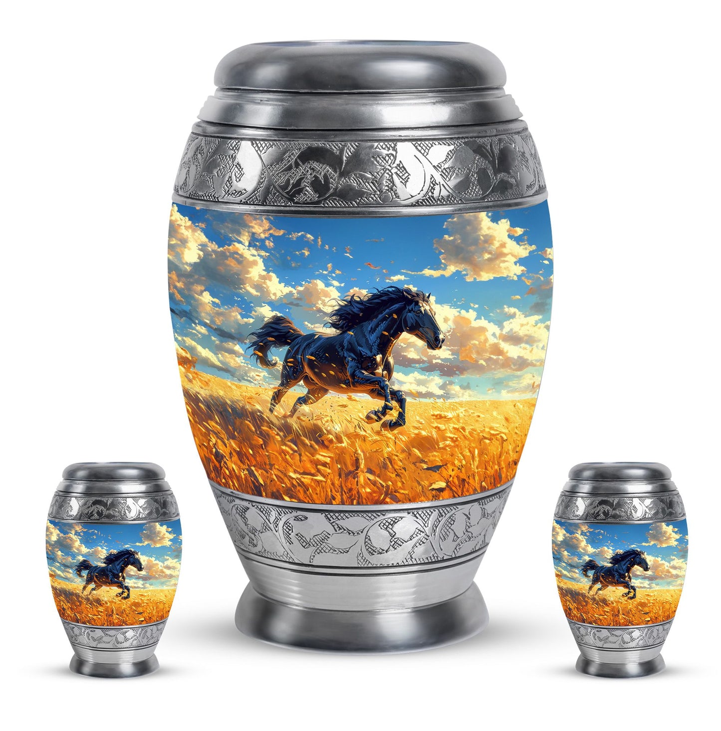 Horse Theme Large Urn With 2 Keepsake Urn