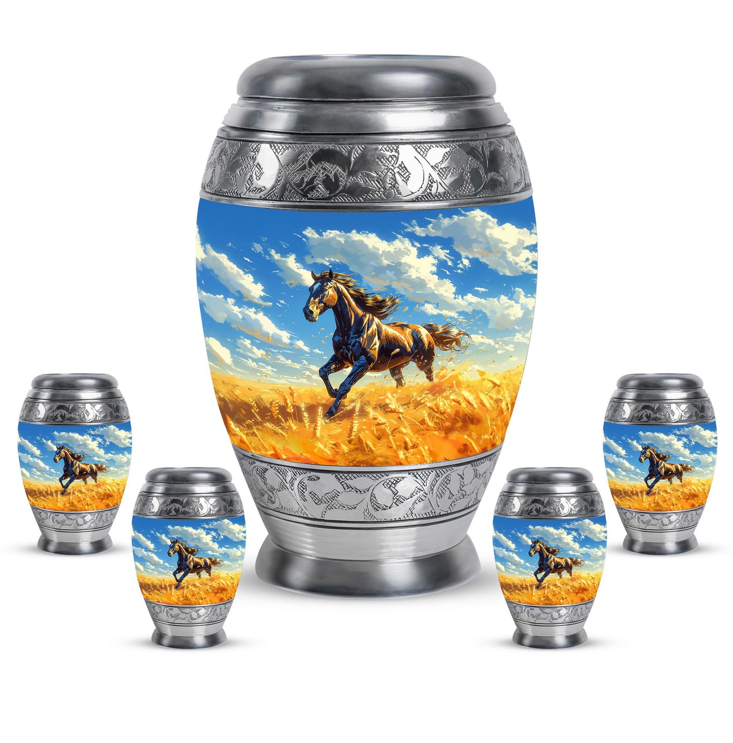 Horse Theme Large Urn With 4 Keepsake Urn