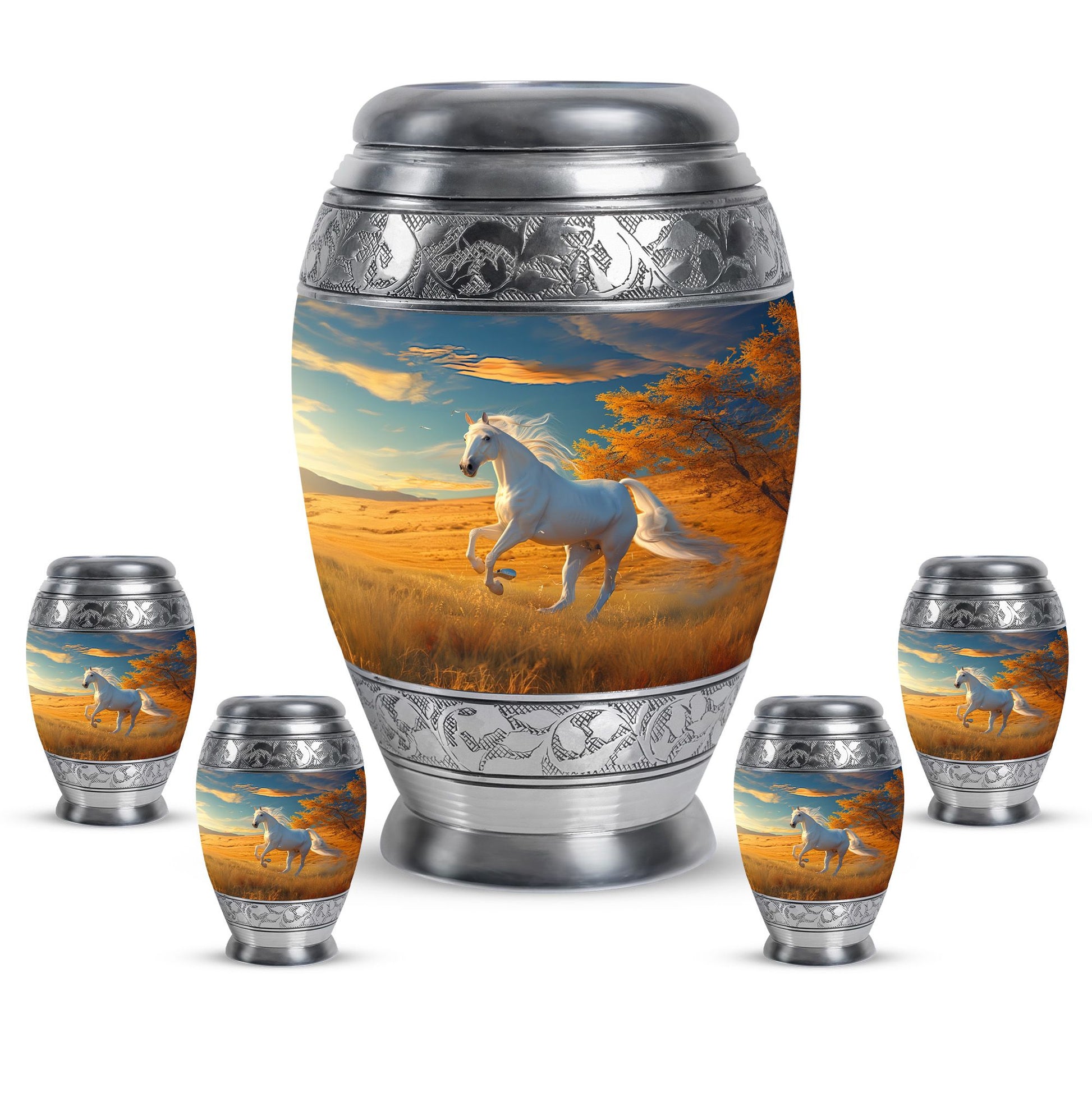 Horse Theme Large Urn With 4 Keepsake Urn