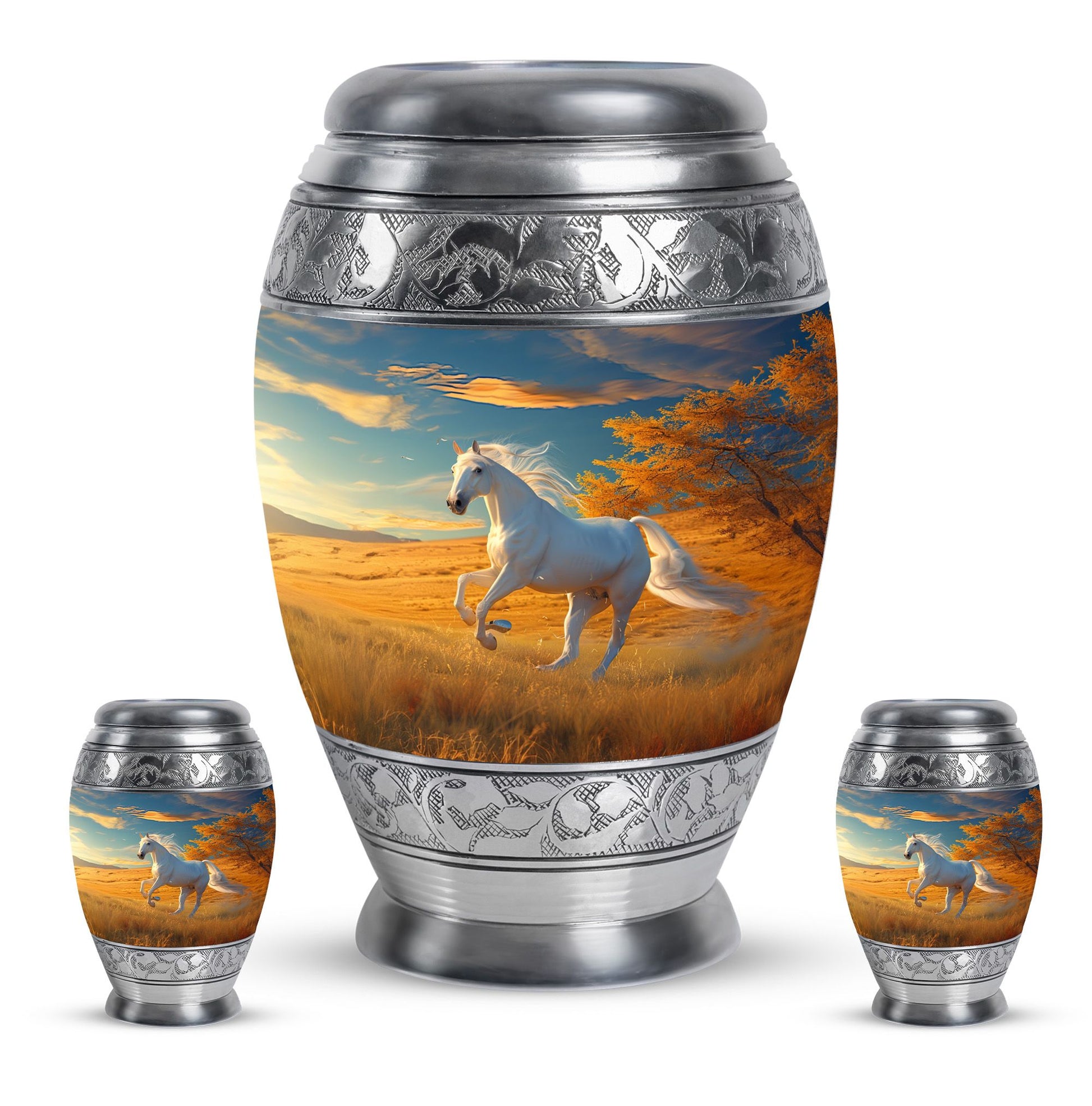 Horse Theme Large Urn With 2 Keepsake Urn