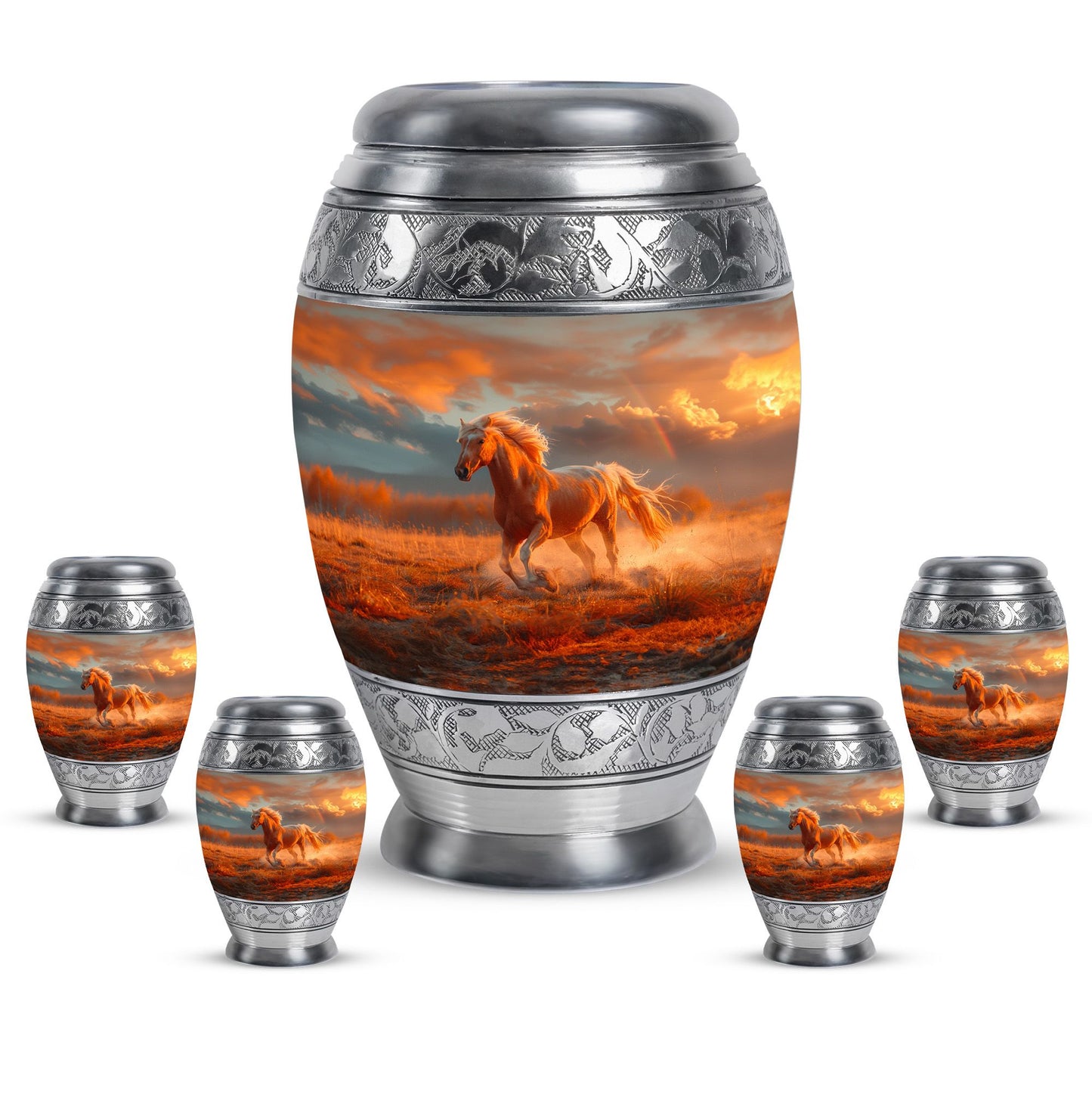 Horse Theme Large Urn With 4 Keepsake Urn