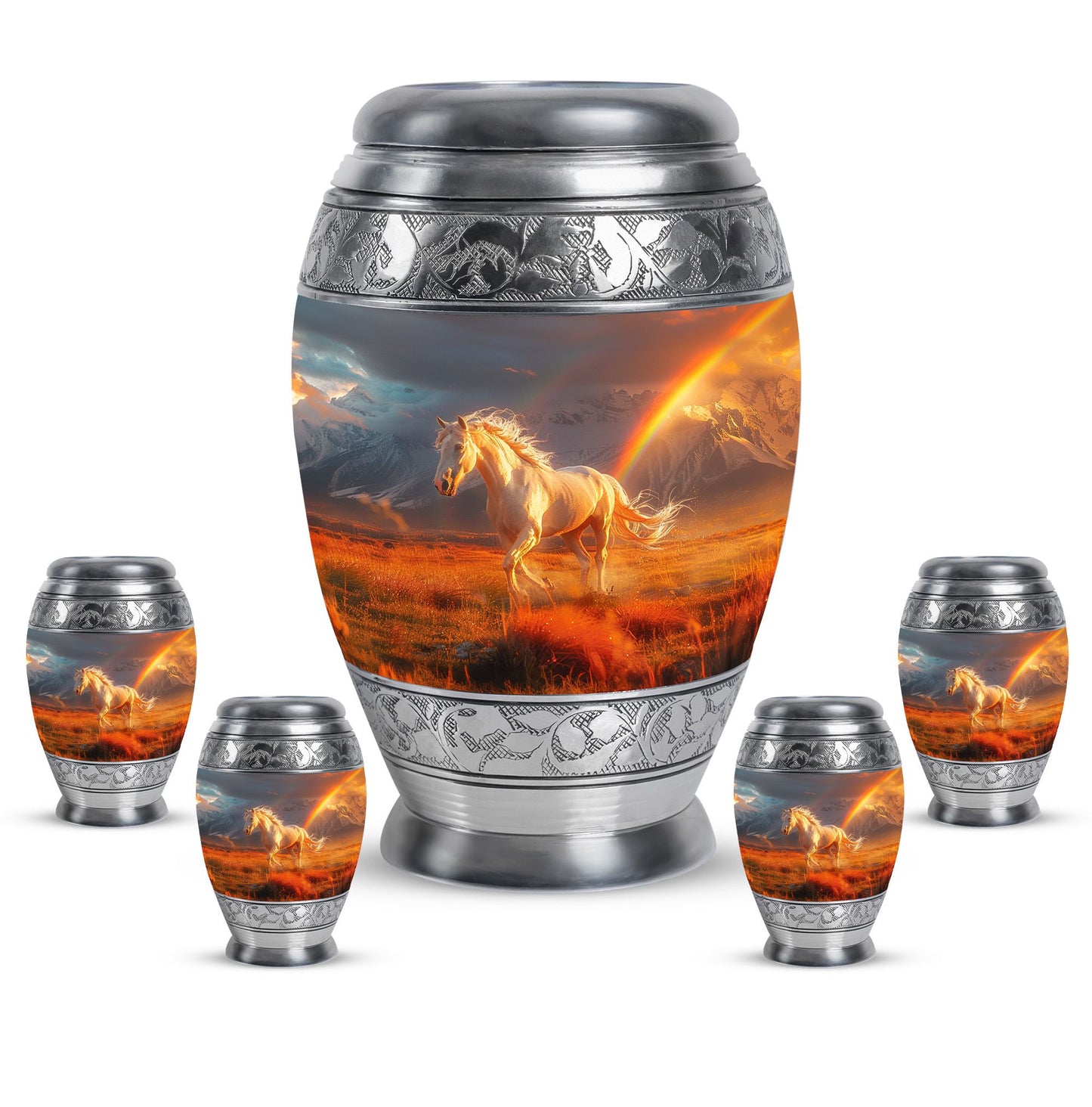 Horse Theme Large Urn With 4 Keepsake Urn