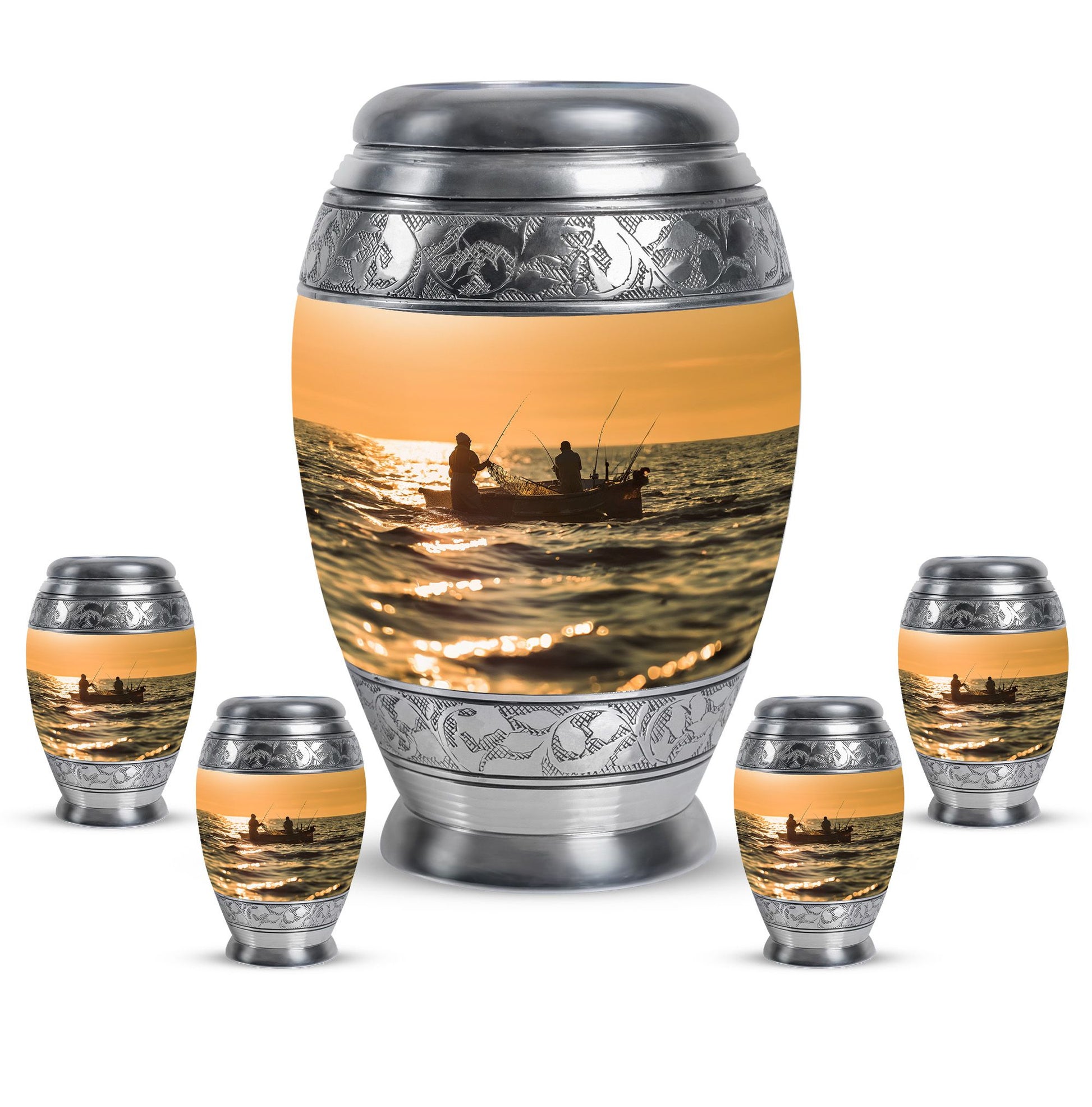 Fishing Theme Large Urn With 4 Keepsake Urn