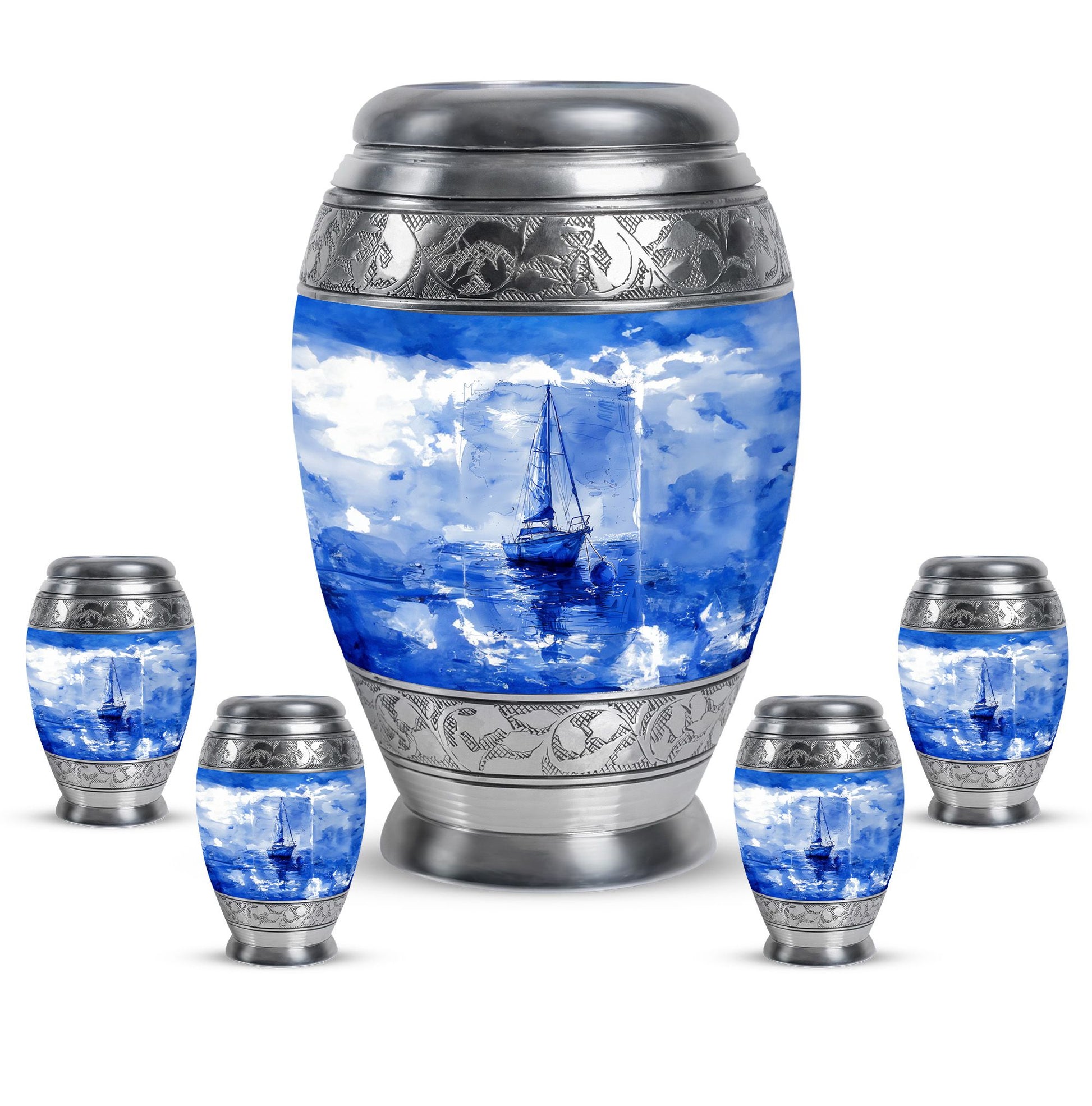 Fishing Theme Large Urn With 4 Keepsake Urn