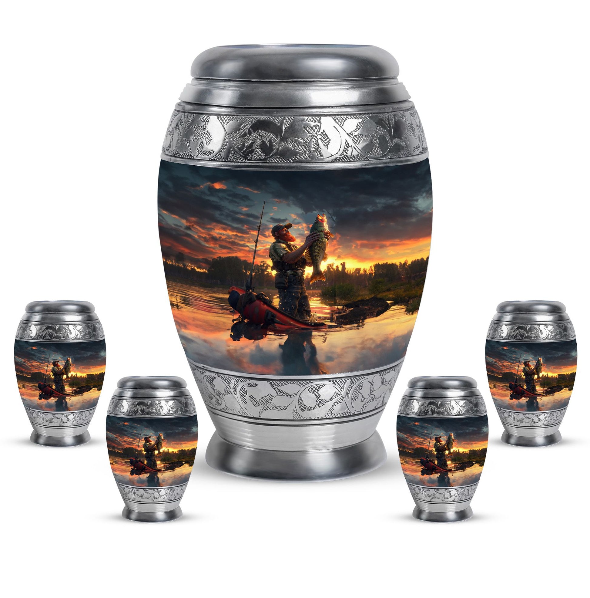 Fishing Theme Large Urn With 4 Keepsake Urn