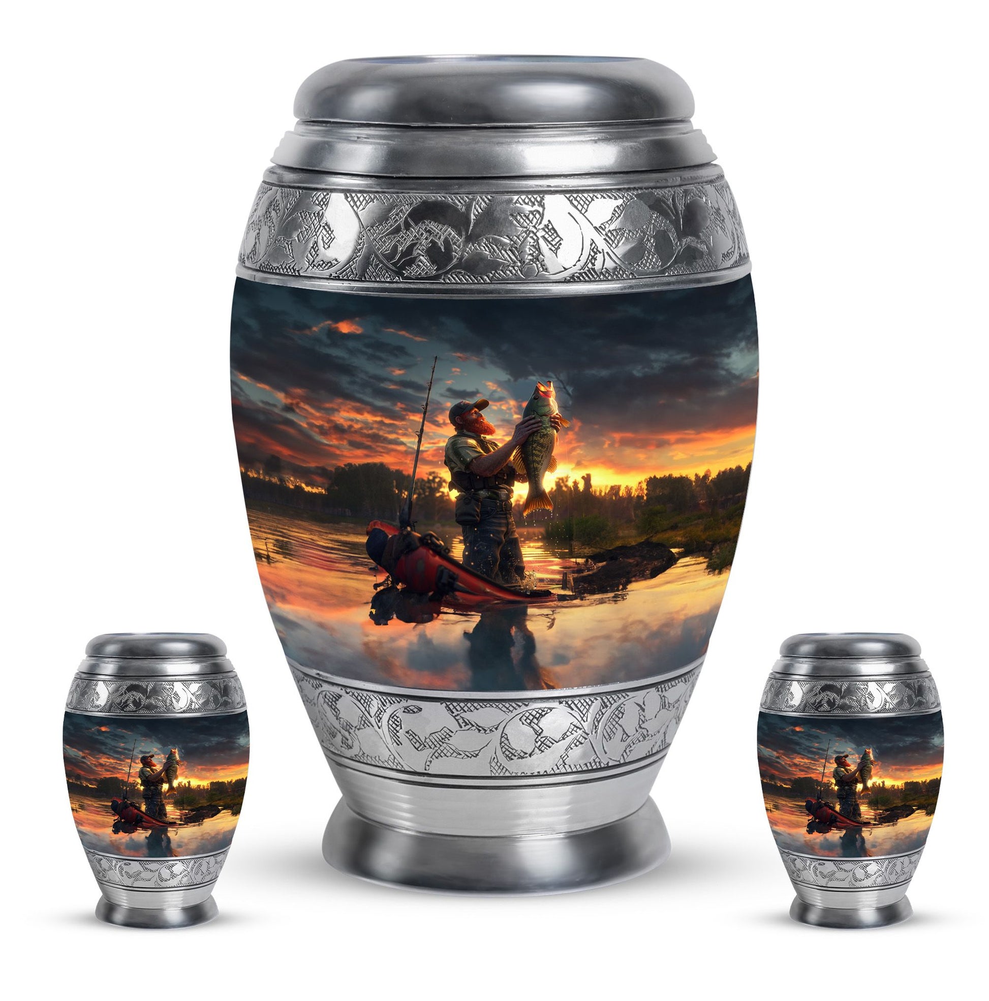 Fishing Theme Large Urn With 2 Keepsake Urn