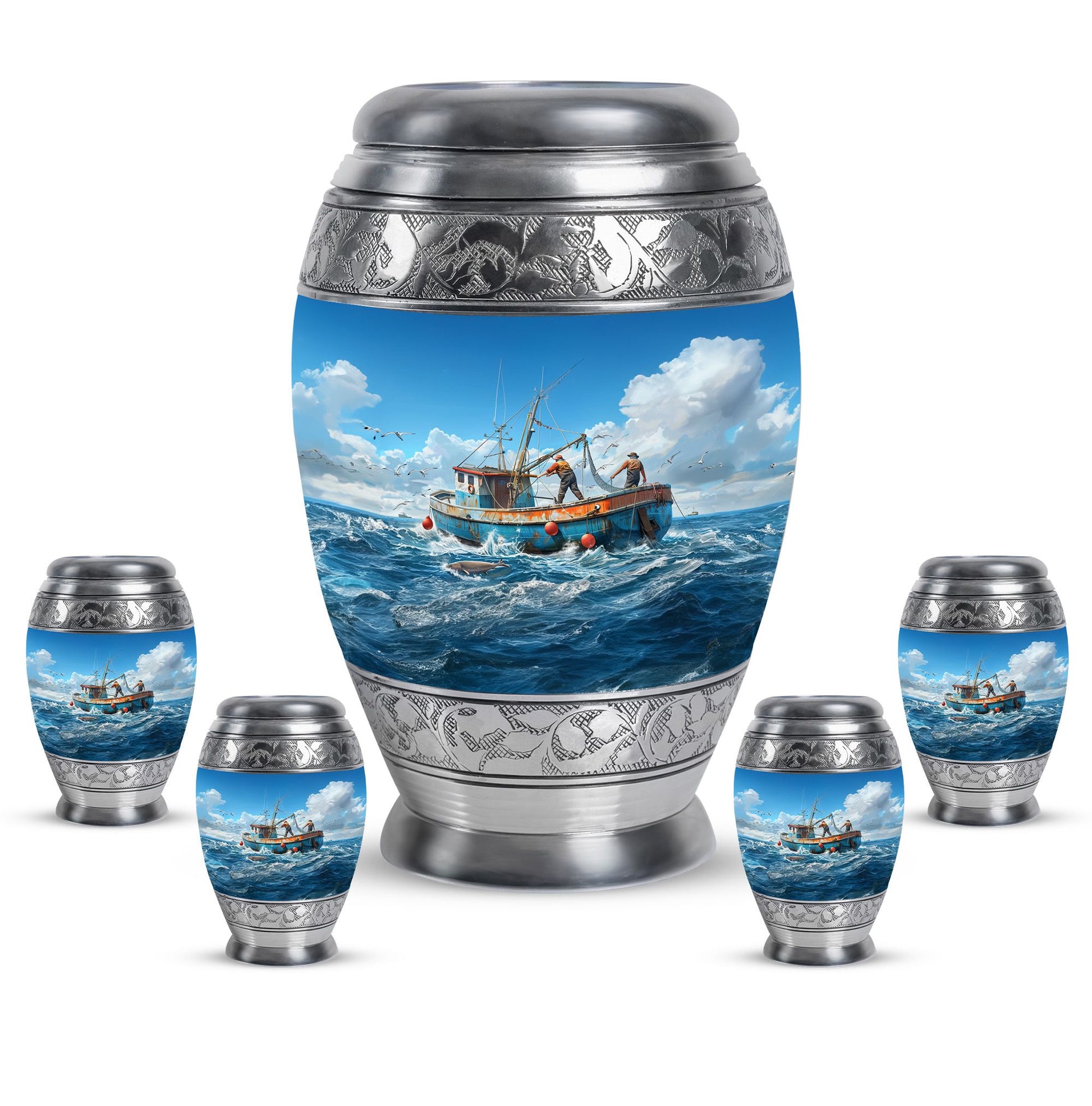 Fishing Theme Large Urn With 4 Keepsake Urn