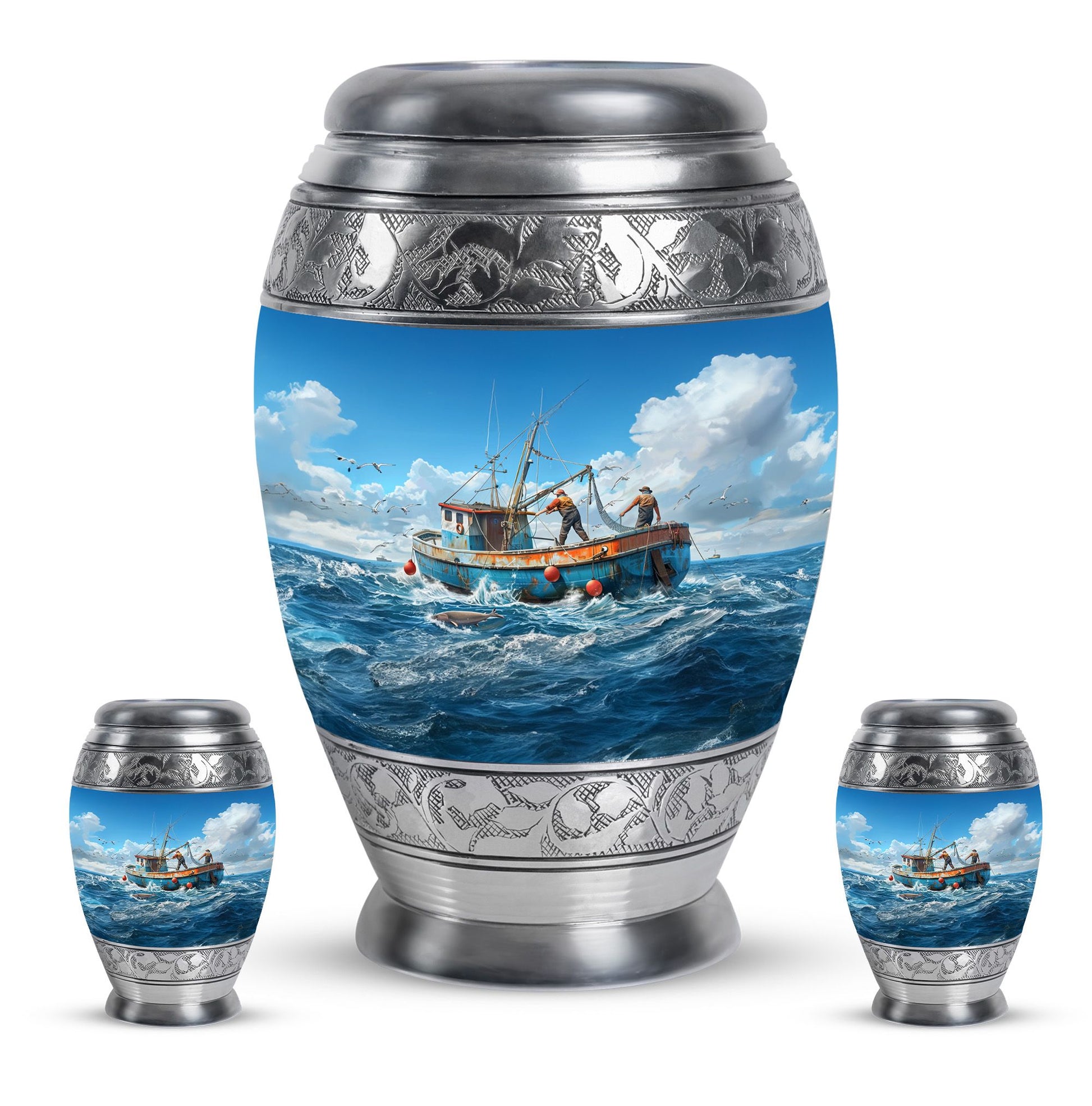 Fishing Theme Large Urn With 2 Keepsake Urn
