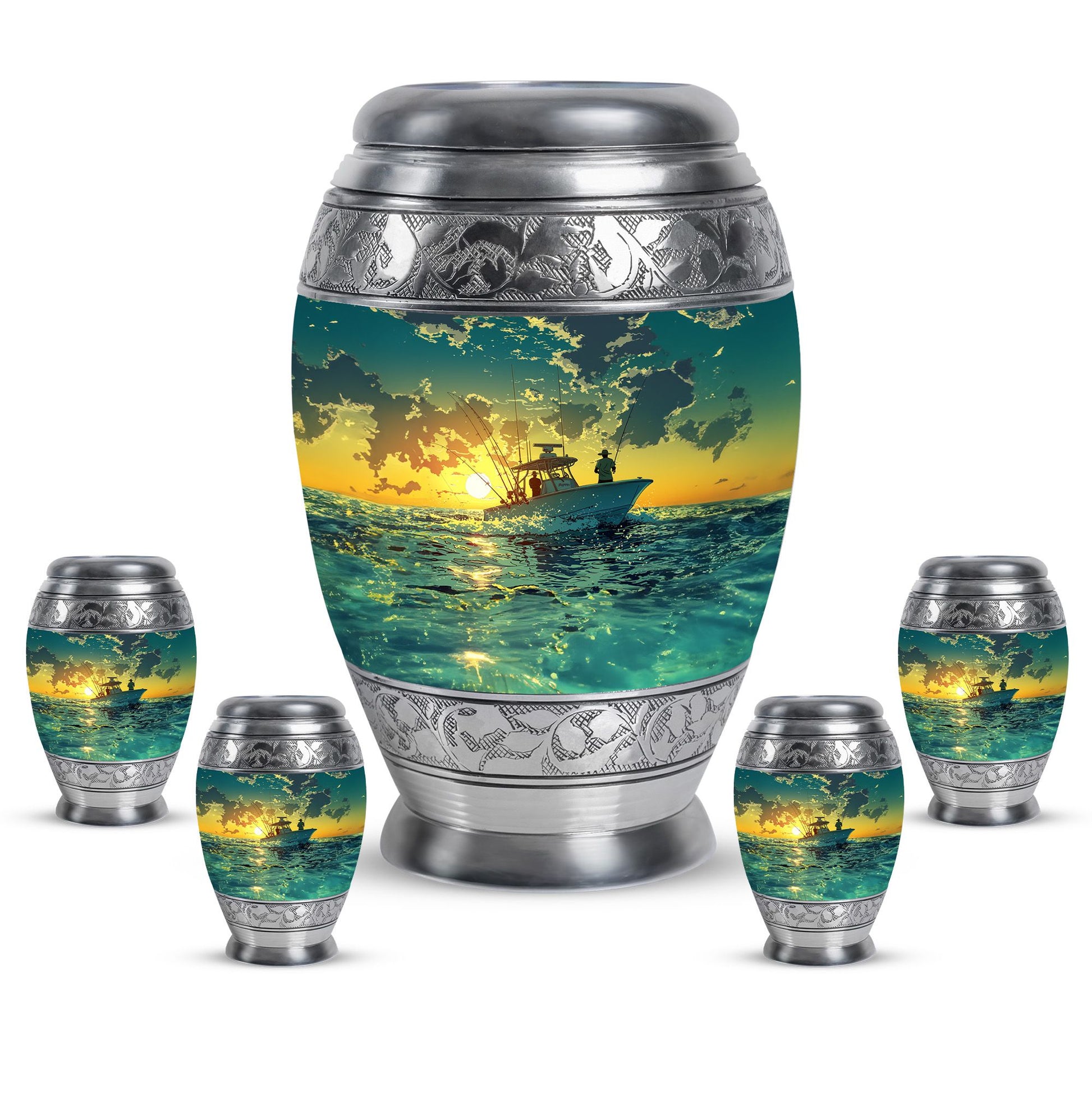 Fishing Theme Large Urn With 4 Keepsake Urn
