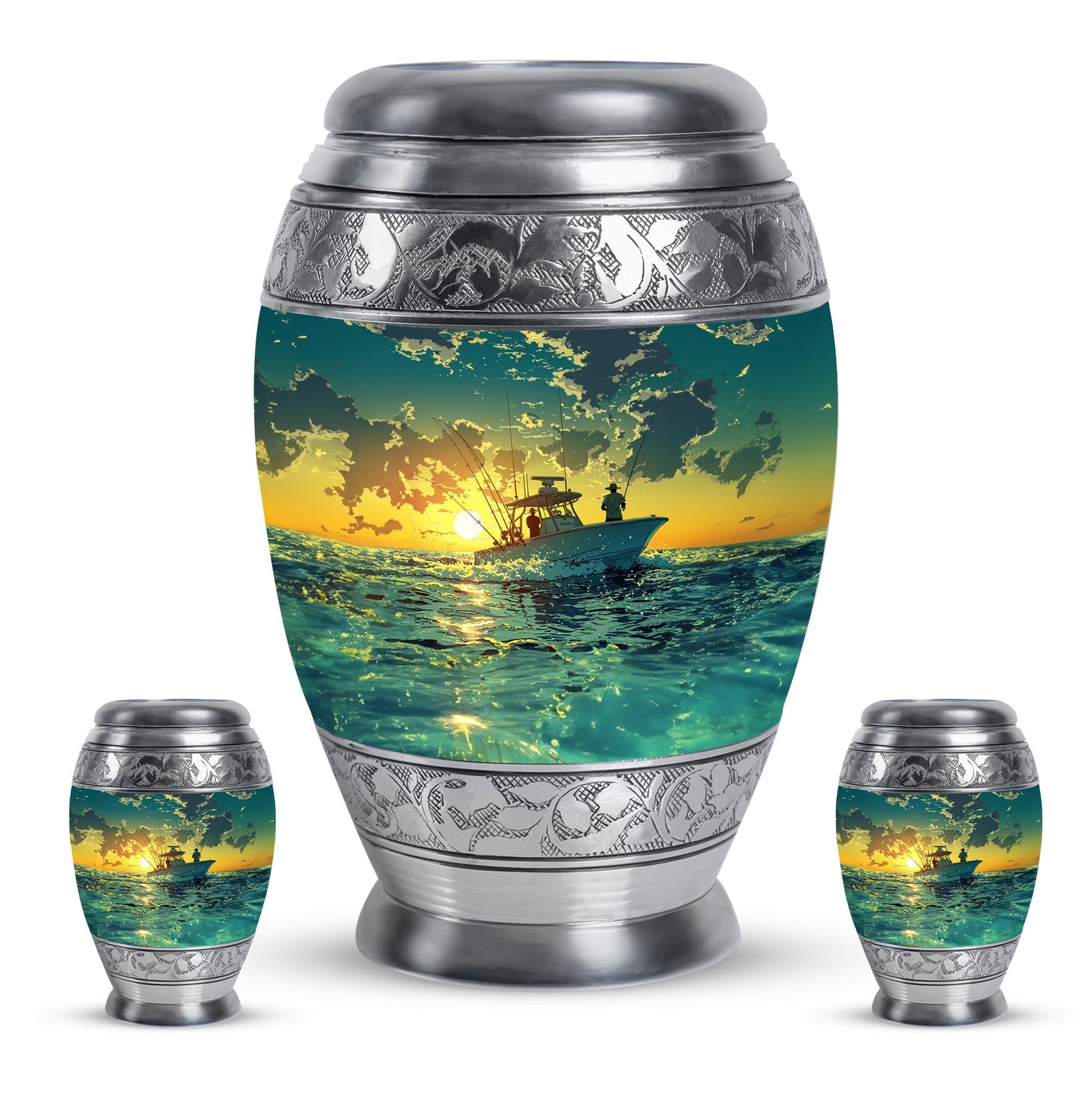 Fishing Theme Large Urn With 2 Keepsake Urn