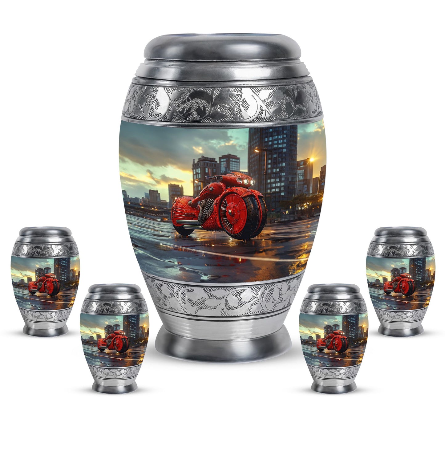 Motorcycle Theme Large Urn With 4 Keepsake Urn