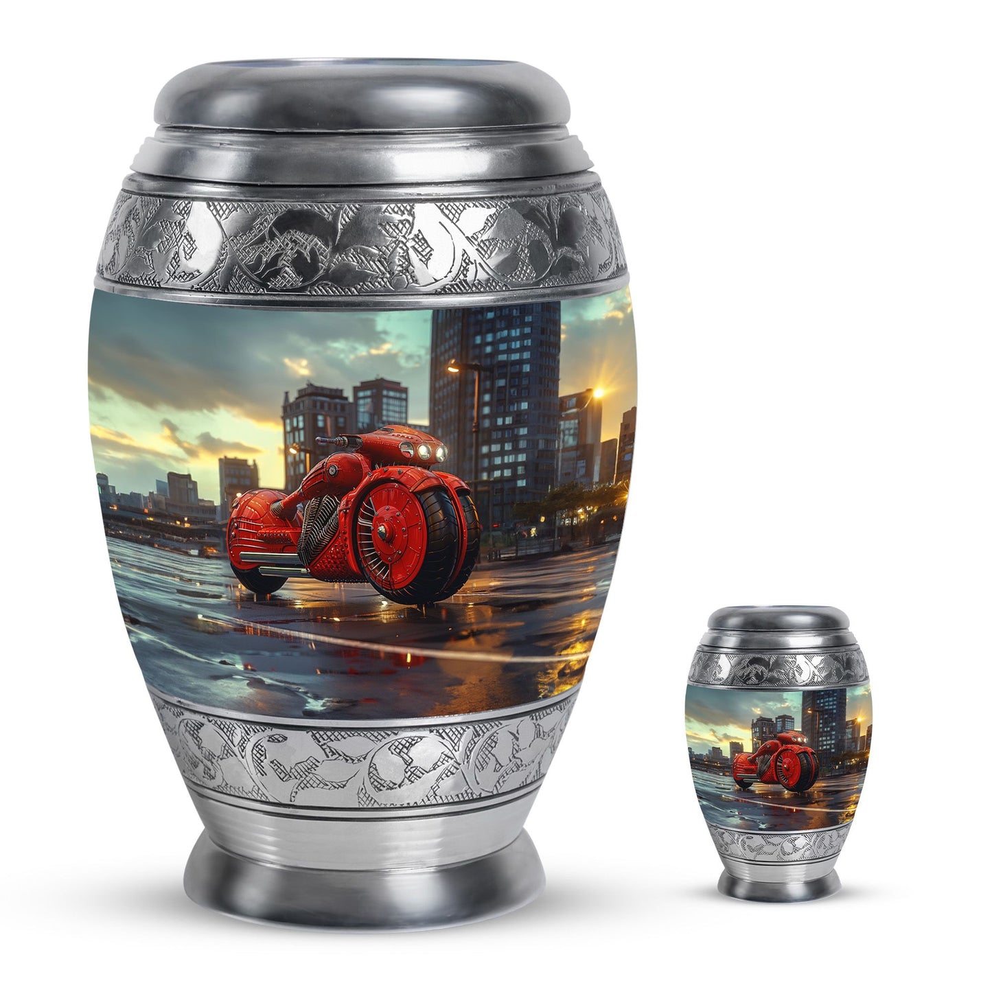 Motorcycle Theme Large Urn With 1 Keepsake Urn