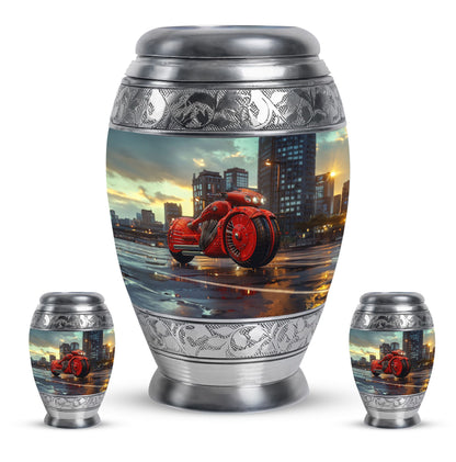 Motorcycle Theme Large Urn With 2 Keepsake Urn