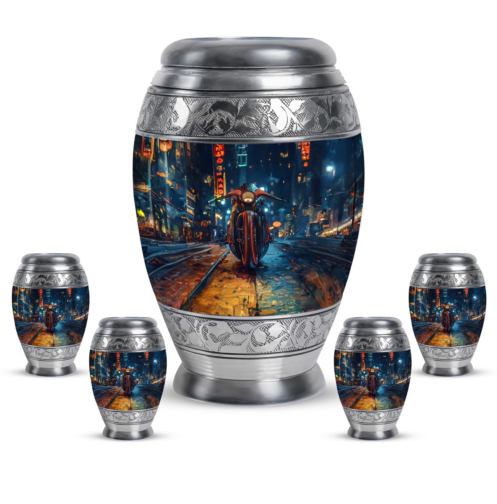 Motorcycle Theme Large Urn With 4 Keepsake Urn