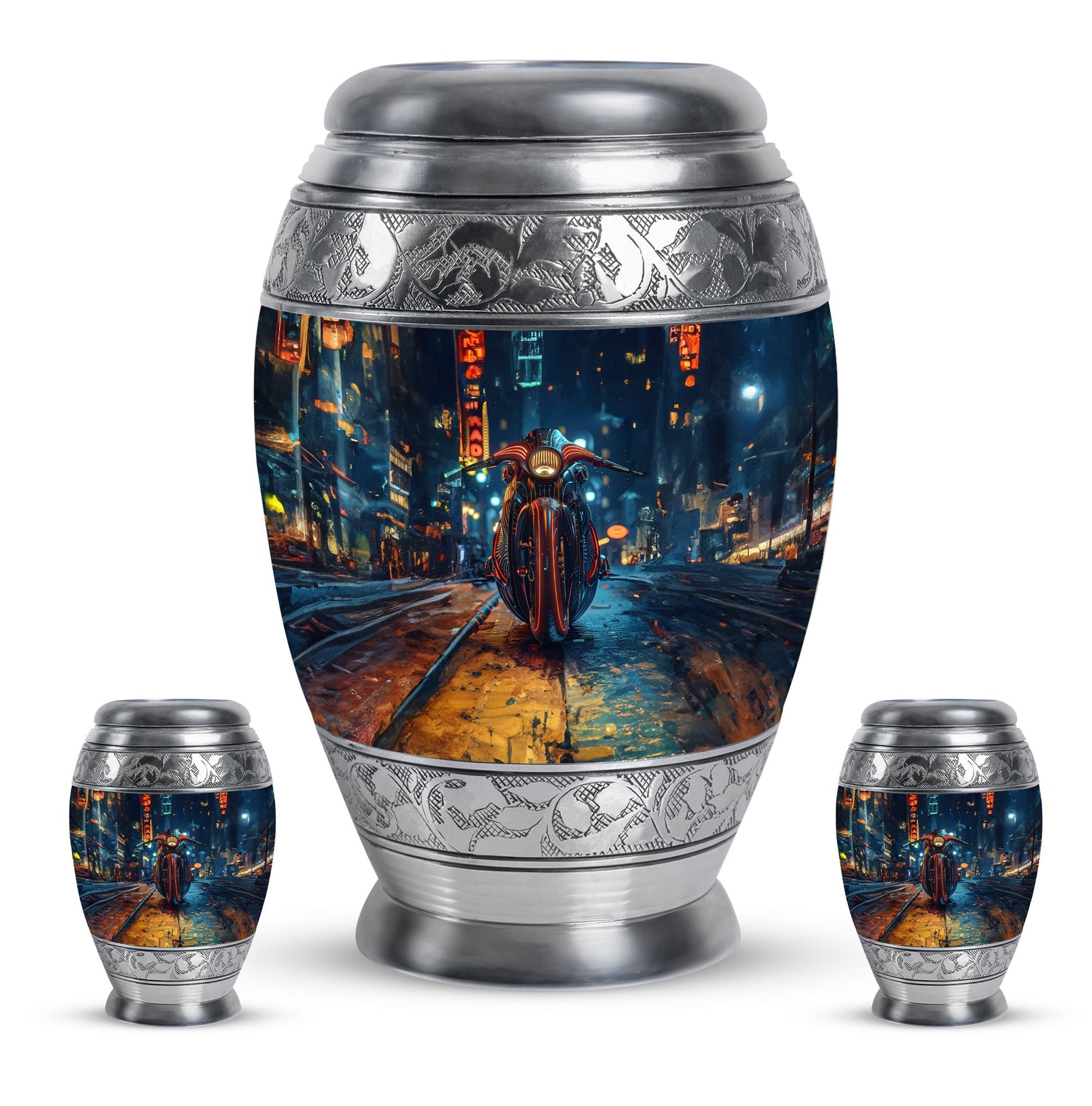 Motorcycle Theme Large Urn With 2 Keepsake Urn