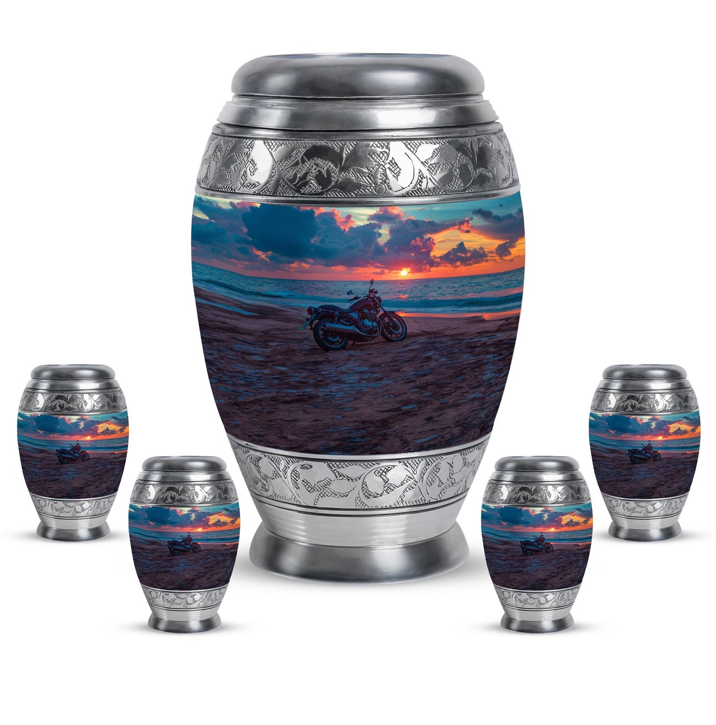 Motorcycle Theme Large Urn With 4 Keepsake Urn