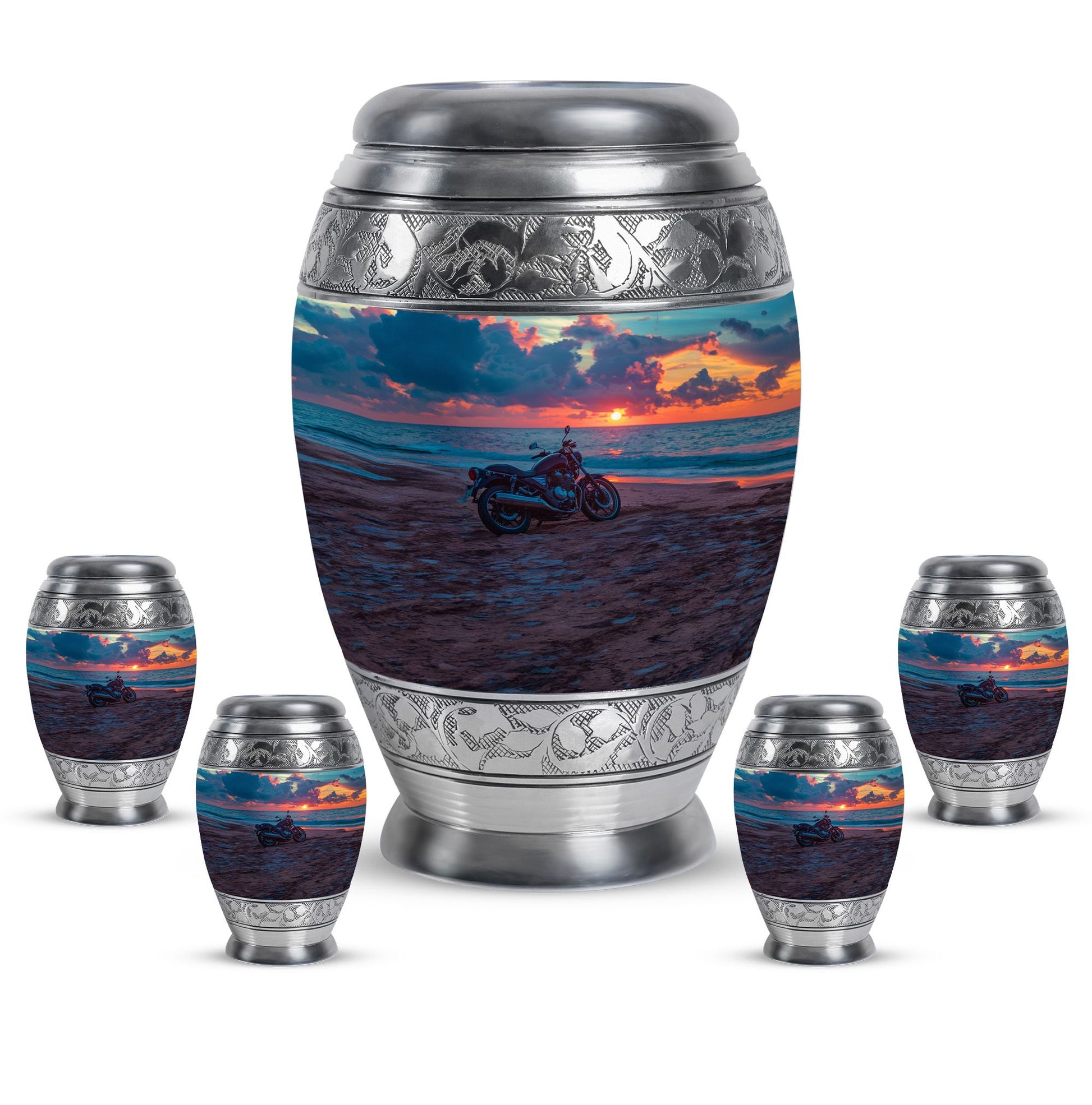 Motorcycle Theme Large Urn With 4 Keepsake Urn