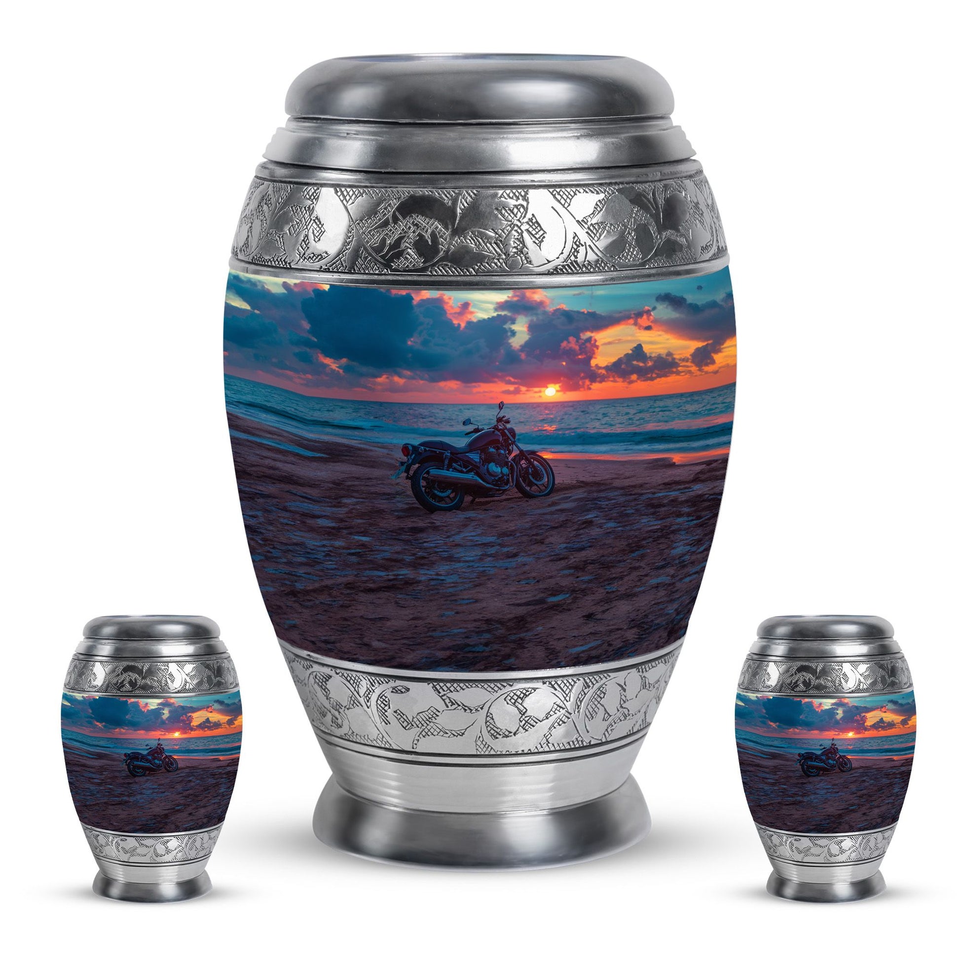 Motorcycle Theme Large Urn With 2 Keepsake Urn